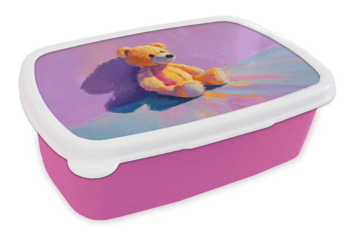 MuchoWow Lunchbox Teddybär - Schatten - Pinselstriche - Lila, Kunststoff, (2-tlg), Brotdosen, Lunch Box, Brotbox für Kinder und Erwachsene
