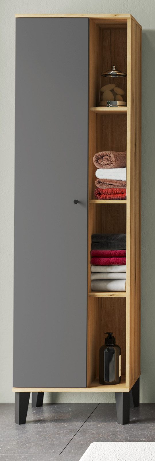 Furn.Design Hochschrank Torsby (Badschrank in Evoke Eiche mit matt grau, 51 x 190 cm) mit 9 Fächern