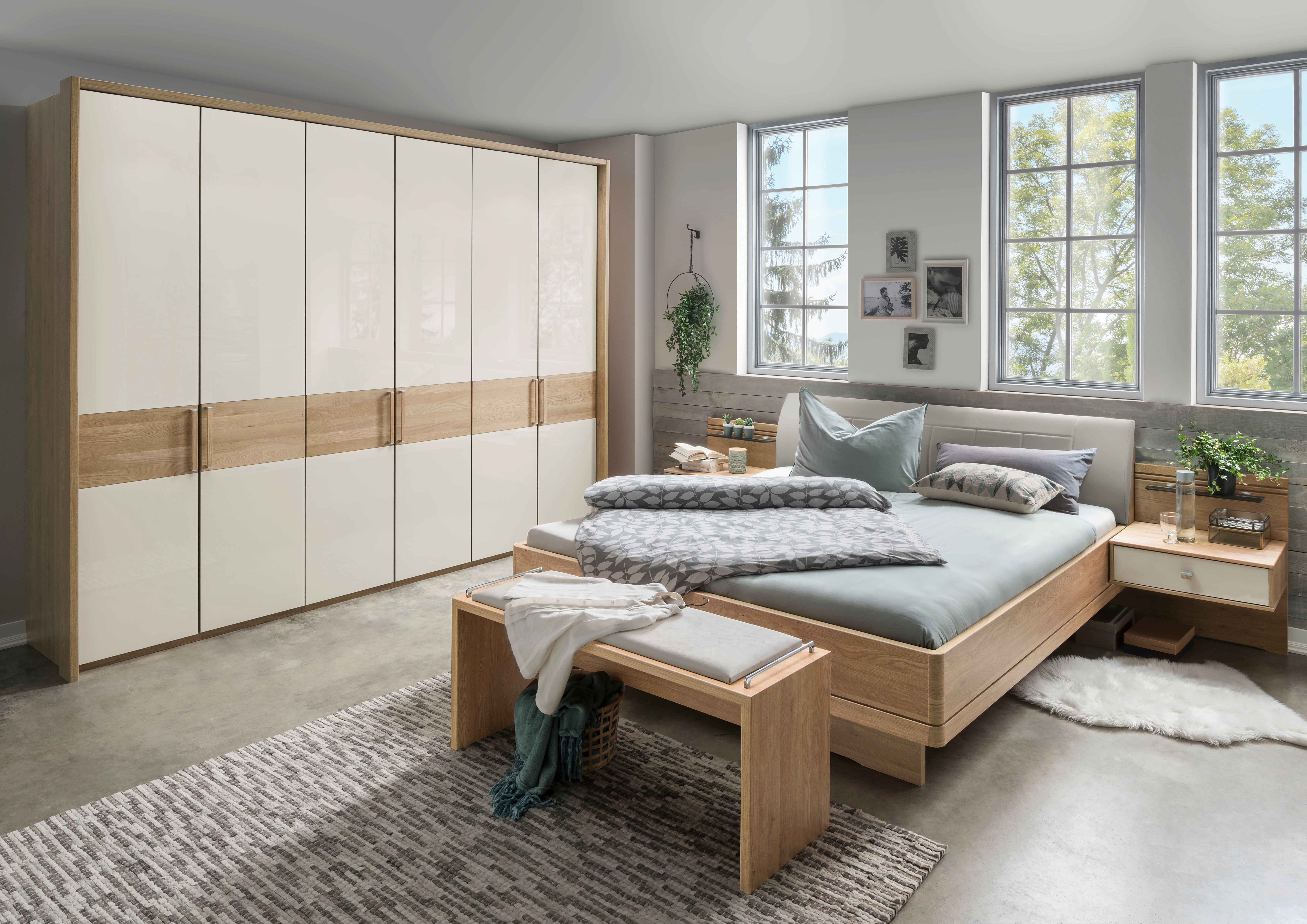 möbel-direkt.de Komplettschlafzimmer Lenvara in Champagner mit Drehtürenschrank, (Komplett-Set, 4-tlg., verschiedene Schrankvarianten wählbar), Made in Germany, gedämpfte Scharniere, Glasfronten