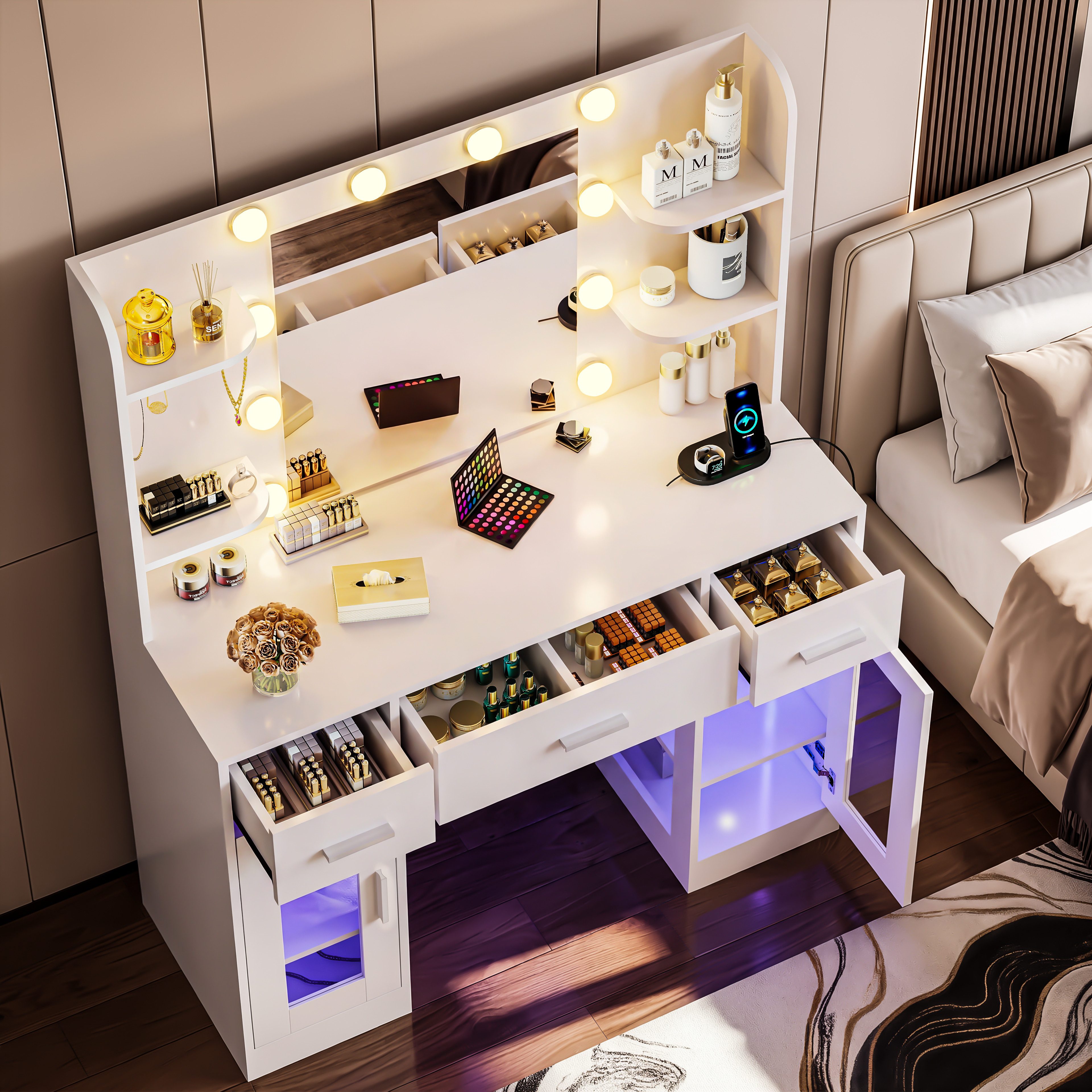 oyajia Schminktisch mit Spiegel, RGB LED-Beleuchtung, Steckdosenleiste (3 Schubladen+4 offene Fächer, 107x140x40 cm), mit Spiegel und 2 luxuriösen transparenten Vitrinen mit RGB