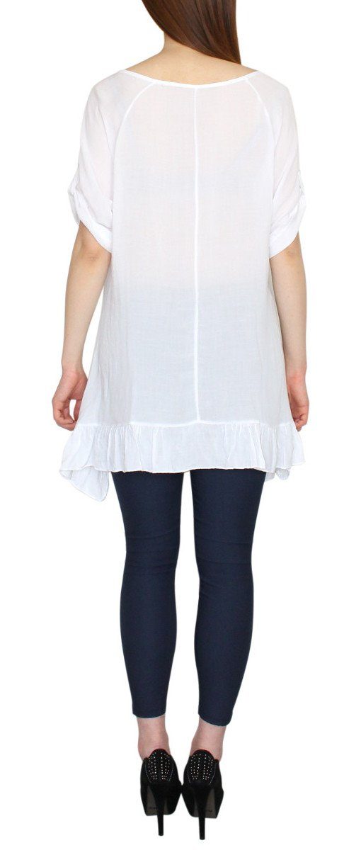 Longshirt Spitze Longshirt in mit mit T-Shirt dy_mode TU019-Weiß Kurzarm Sommer Pastel Unifarbe, Damen Tunika Rundhalsausschnitt, mit Spitze