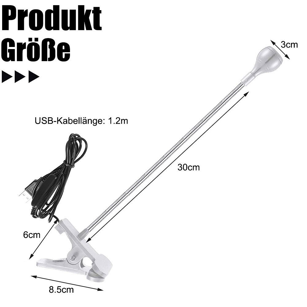 Rosnek LED Klemmtischleuchte LED-Leselicht, Clip-on Schreibtischlampe, USB, Augenschutz, Weißes Licht, Warmes Weiß, Weiße, 360° flexibel Schwanenhals