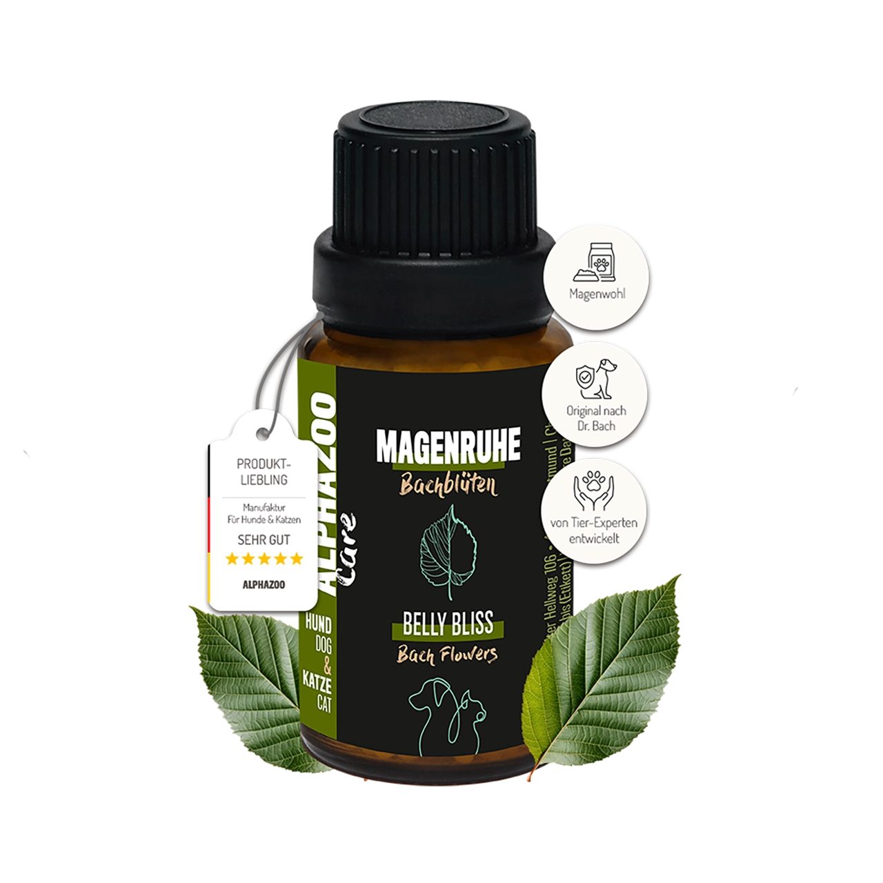 ALPHAZOO Magenruhe Bachblüten 15g, Globuli - Verdauung - für Hunde und Katzen, Ergänzungsfutter für: Katzen, Hunde, Perfekt für die innere Balance im Magen und Darm