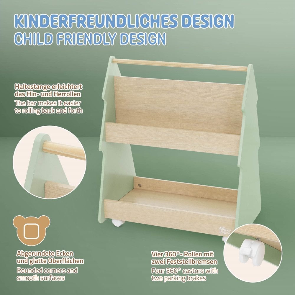 Joyz Spielzeugtruhe Kinderregal Kindermöbel Kinderzimmerregal Spielzeug Spielzimmer Möbel, Tanne Bücherregal mit 3 Ablagen & 4 Rollen MDF / Kiefer