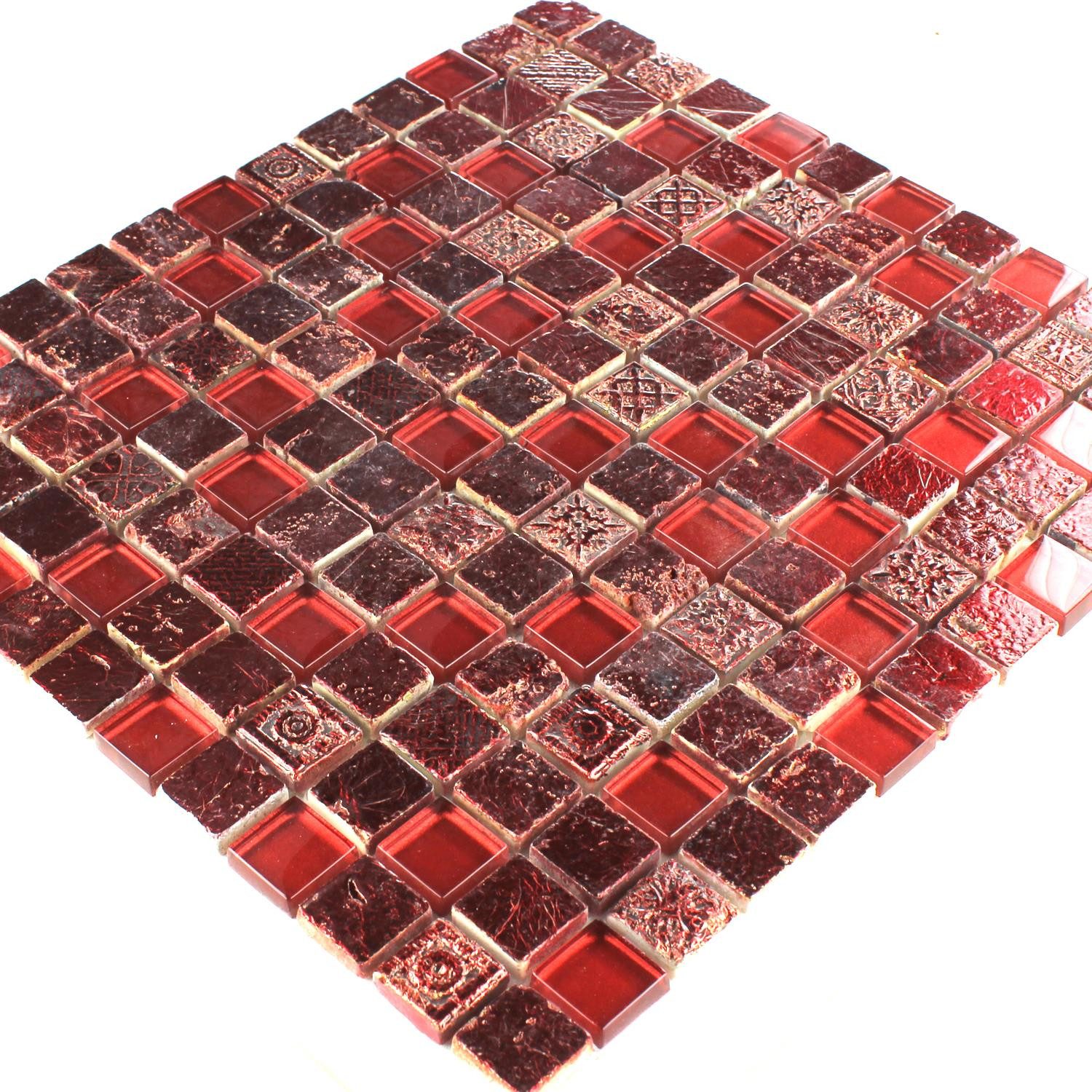 Mosafil Mosaikfliesen Glas Naturstein Mosaikfliesen Colicos, Naturstein-Resin-Glas 30.000x32.500, rot, Verlegefertig auf ein Netz geklebt
