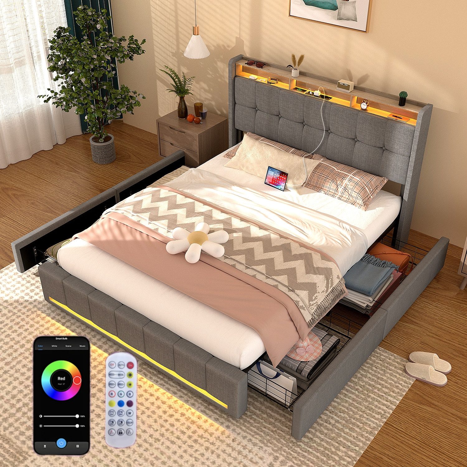 oyajia Polsterbett LED Doppelbett 140x200 cm mit 4 Schubkästen und Kopfteil, Ladefunktion (Leinenmaterial Polsterbett mit mit Lattenrost und Ladefunktion), Typ-C, USB-A, 2 Steckdosen,mit RGB Beleuchtung