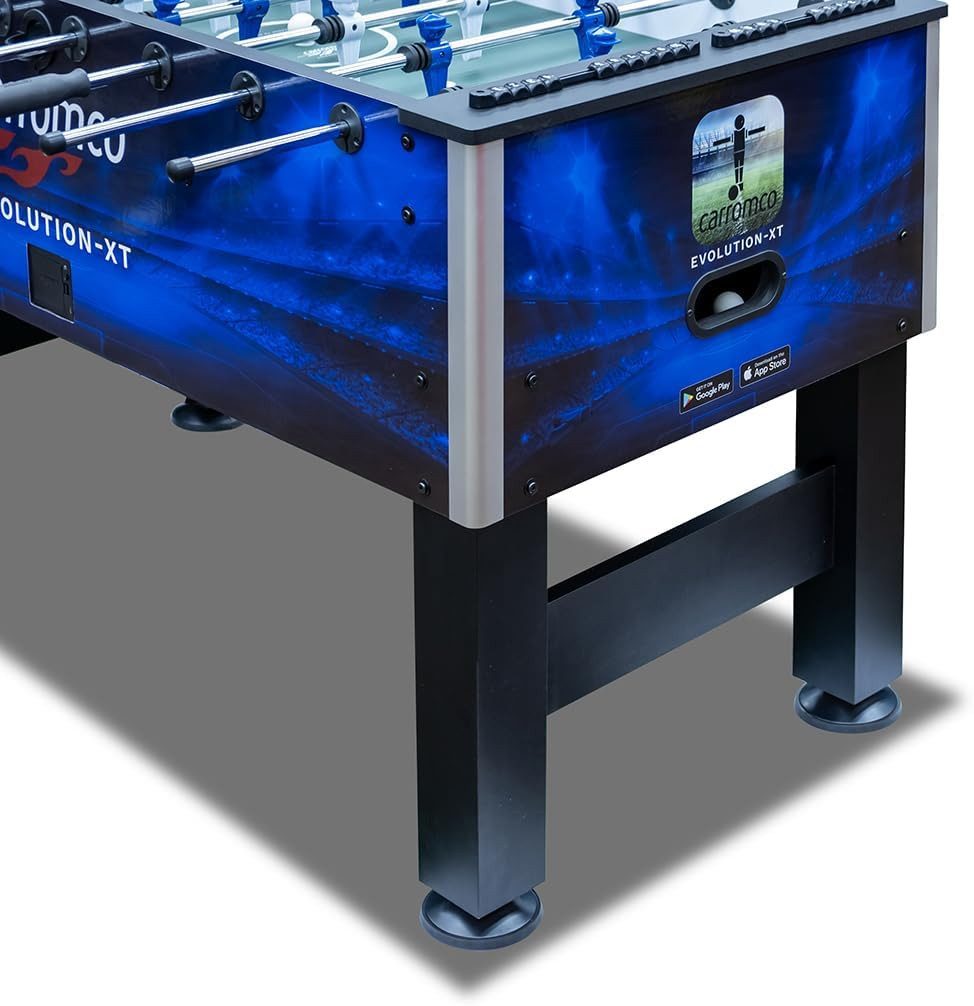 Carromco Kickertisch Evolution-XT – Profi Tischkicker mit interaktiver App & Tablet-Halter, Tischfussball in Blau für fortgeschrittene Spieler