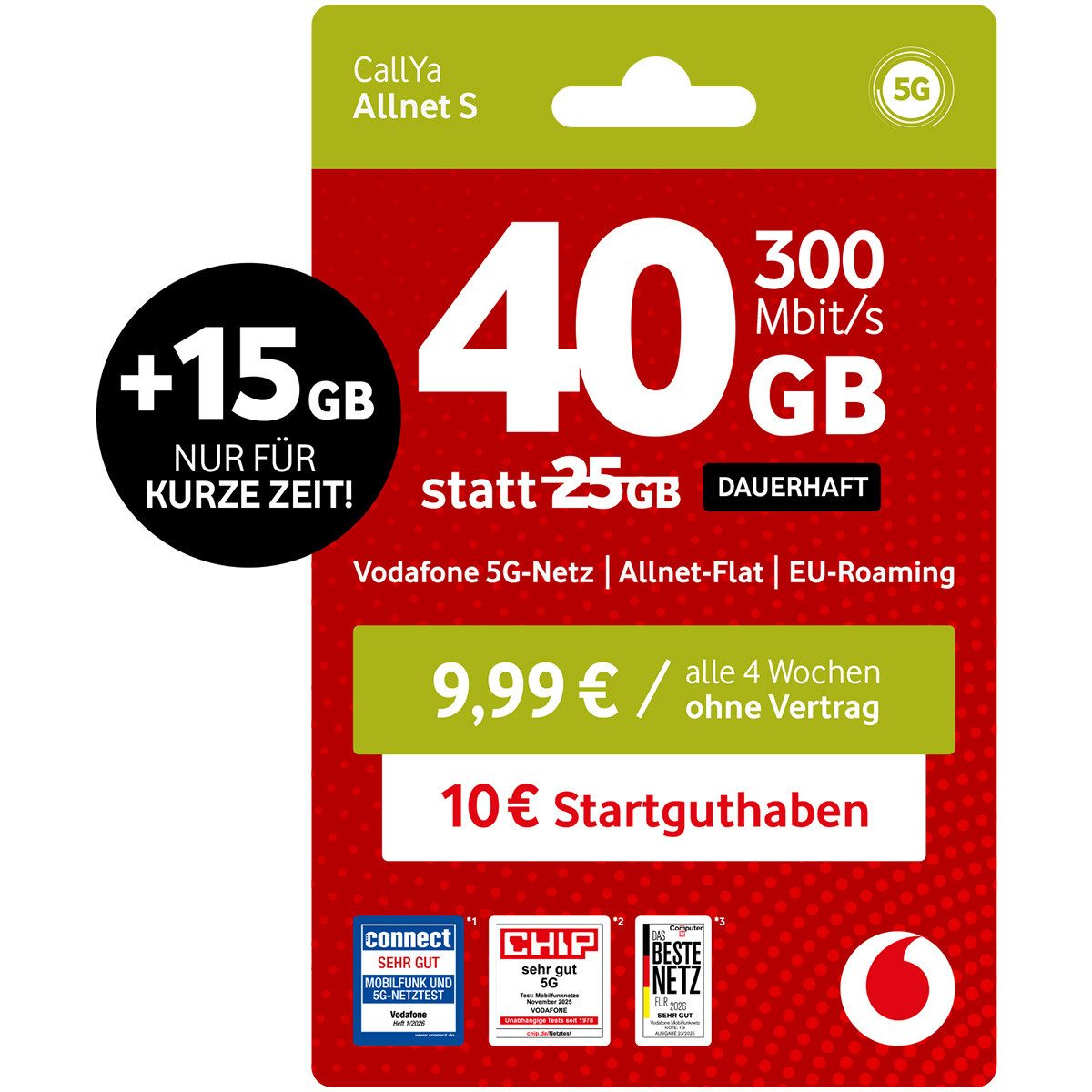 Vodafone CallYa Allnet S Prepaidkarte, (40 GB statt 25 GB, 10 € Guthaben, ohne Vertrag, 5G, Allnet-Flat)