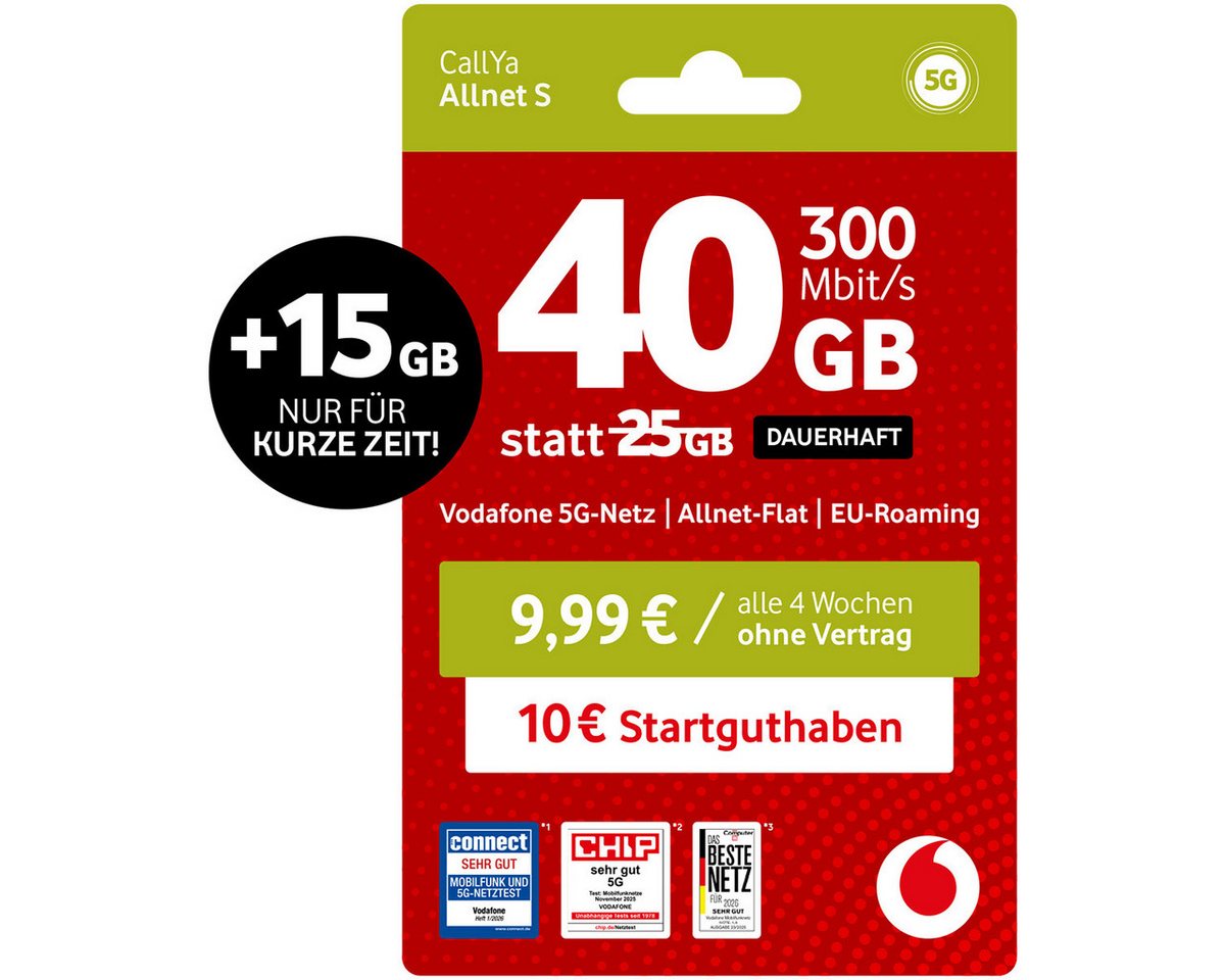 Vodafone CallYa Allnet S Prepaidkarte, (40 GB statt 25 GB, 10 € Guthaben, ohne Vertrag, 5G, Allnet-Flat)
