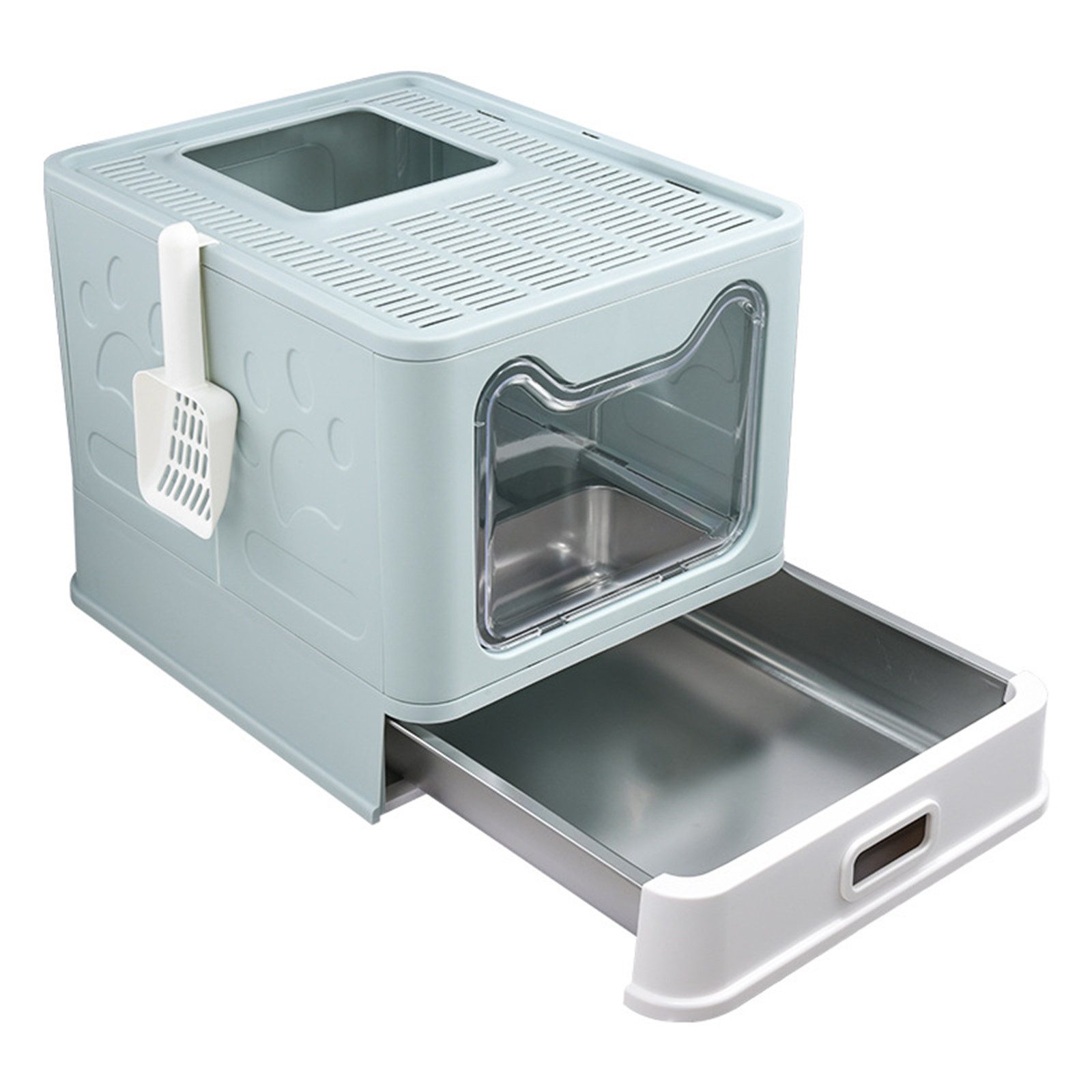 JEOBEST Katzentoilette Geschlossenes Katzenklo mit Dach, Rostfreier Edelstahl-Schublade, Anti-Streu-Design, Katzenklo-Schaufel, für Katzen bis 15kg