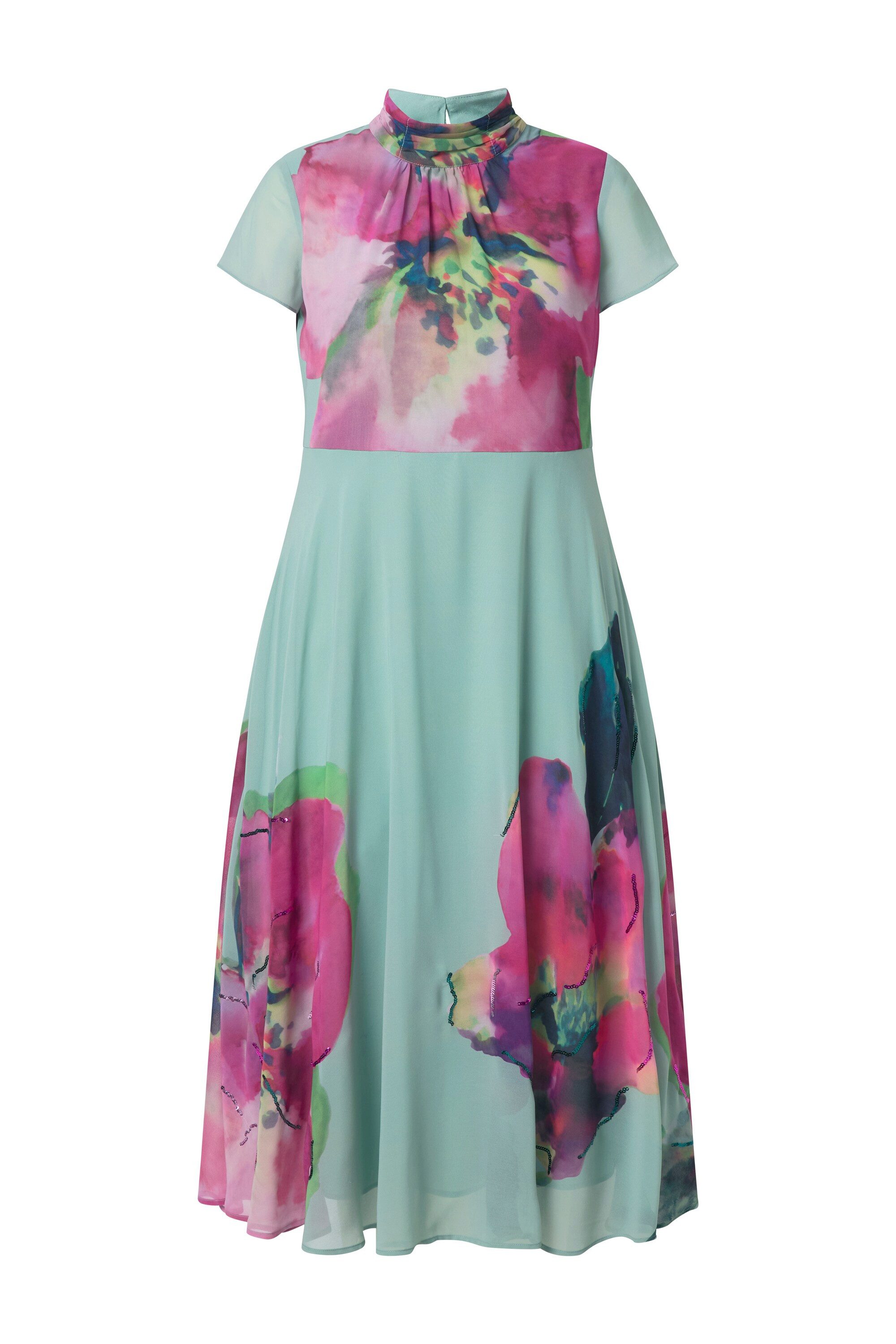 Midikleid Maxikleid Blüten Pailletten Stehkragen ärmellos