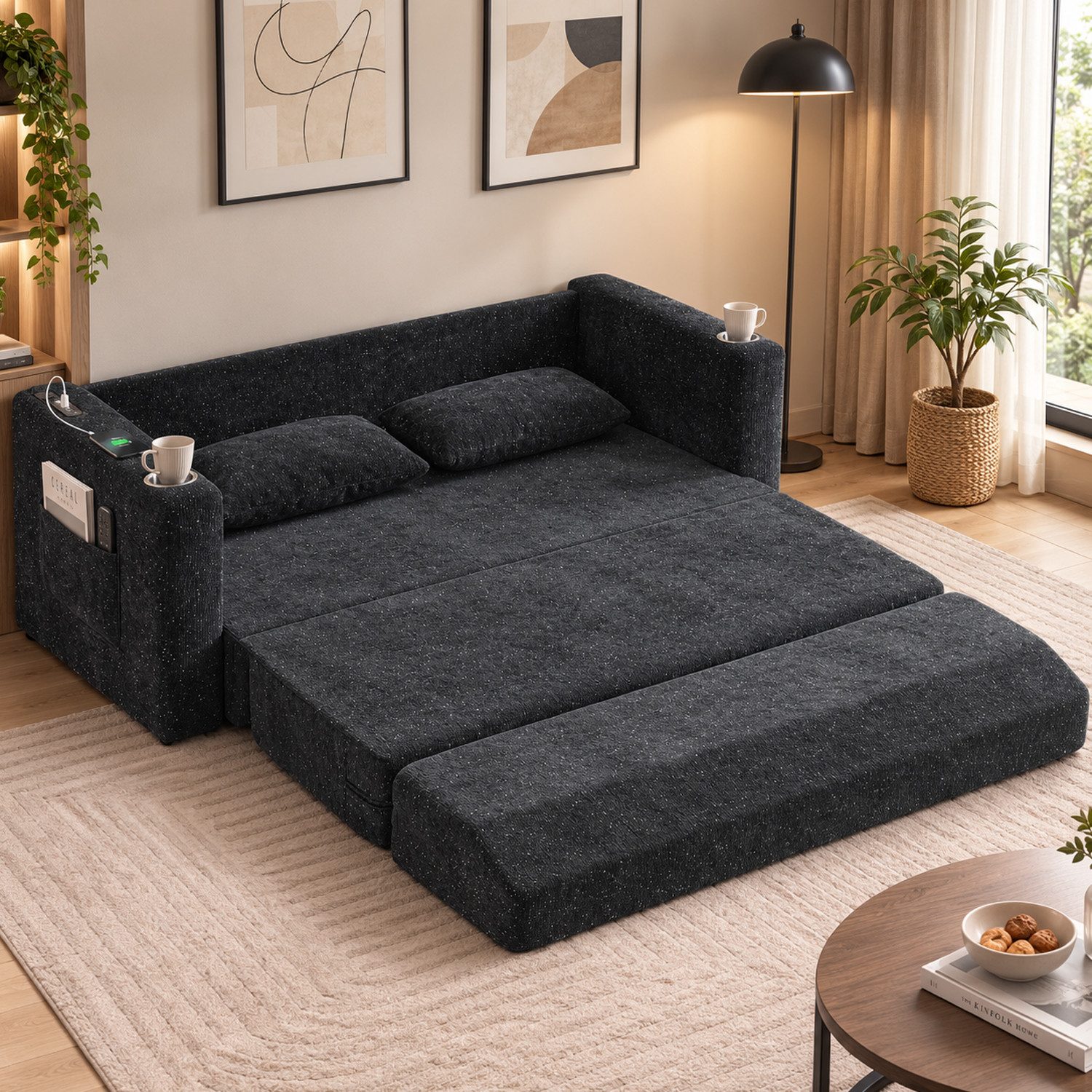 ANYSUN Loungesofa Faltbares Schlafsofa, 2-Sitzer-Couch,das 2-in-1 Klappsofa, Bodenständiges Sofa-Bett,nklusive 2 Kissen, mit USB-Ladefunktion, 2-Sitzer-Sofa,Bodensofa Bett für Wohnzimmer,Wohnung,kleine Räume