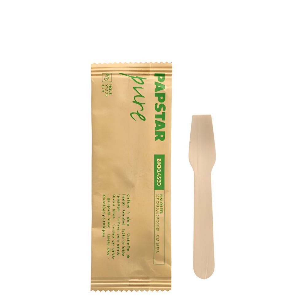 PAPSTAR Einweglöffel Eislöffel, Holz pure 9,4 cm einzeln verpackt in Papierbeutel 500 Stk