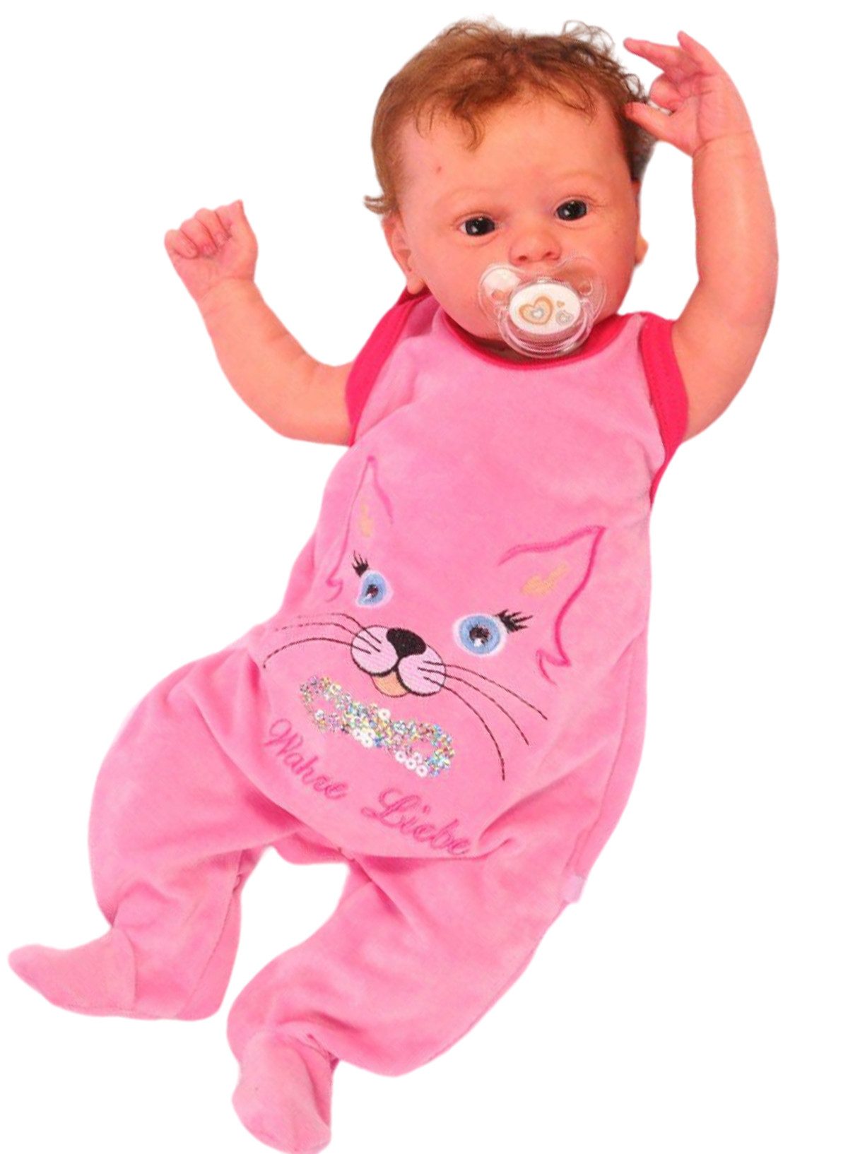 La Bortini Повзунки Baby Einteiler aus Velours in Rosa mit Katze kuschelig weich, 50 56 62 68 74
