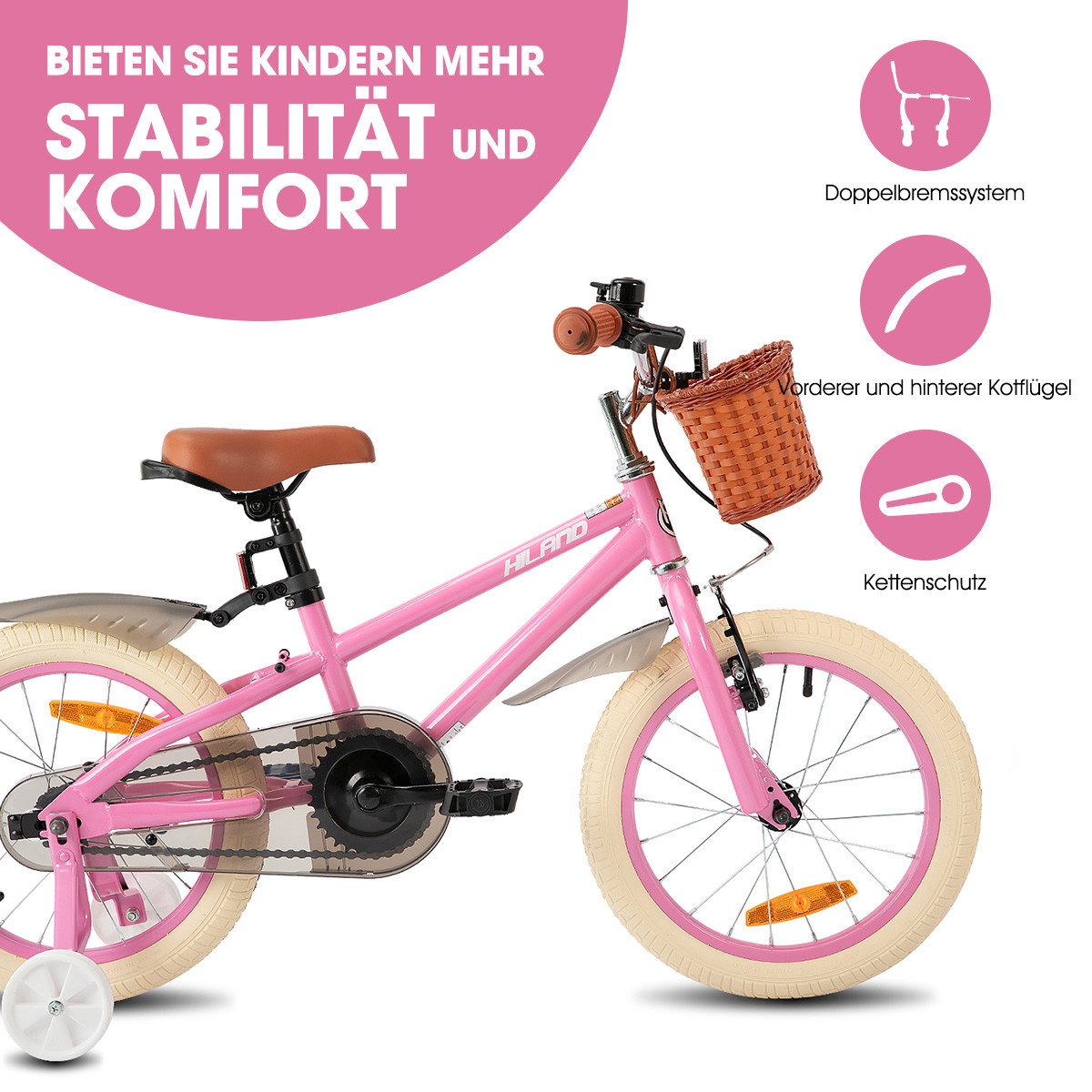 HILAND Kinderfahrrad 14 16 18 Zoll Kinderfahrrad, Kinderfahrrad für Mädchen, mit Stützrädern, Handbremse und Rücktrittbremse, Korb