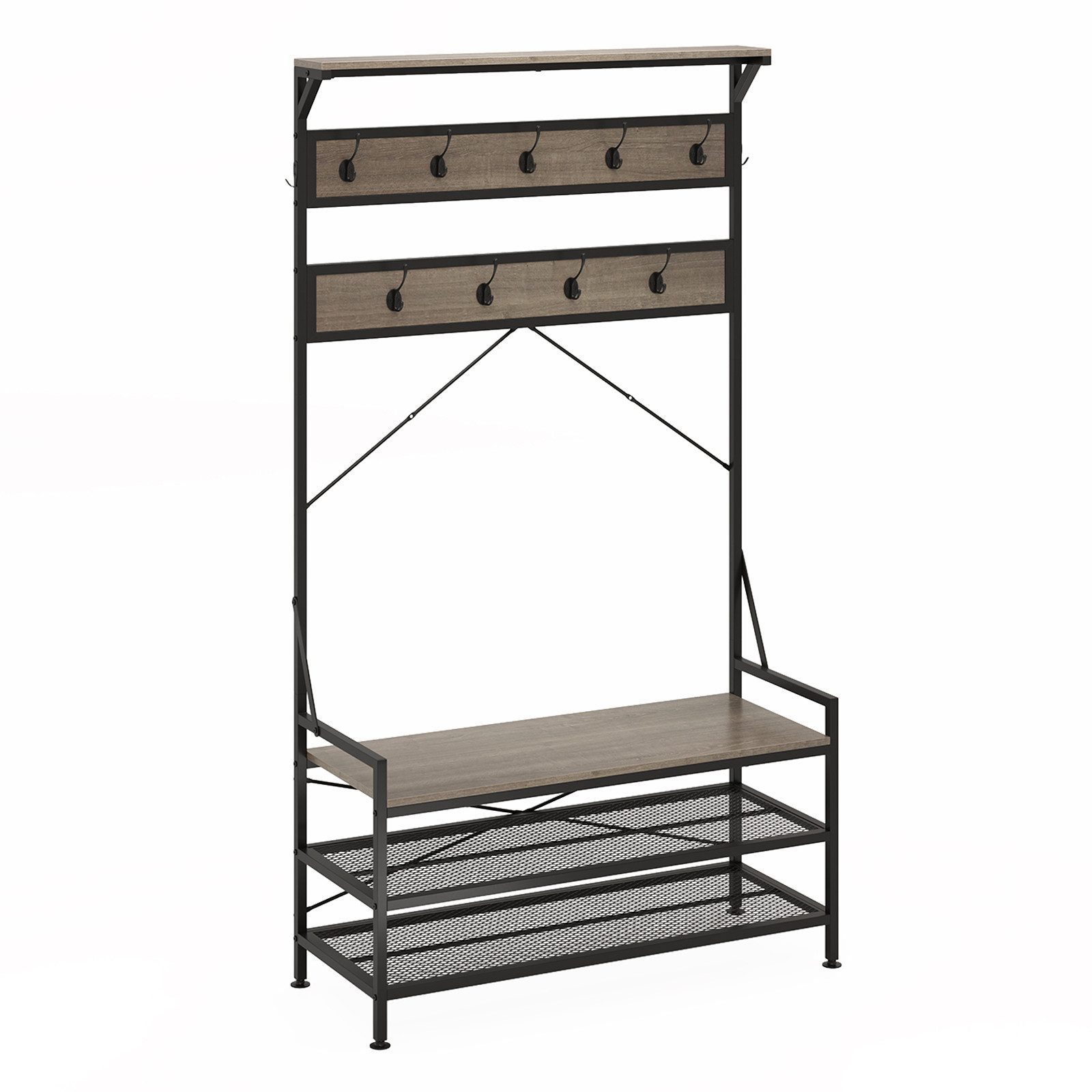 COSTWAY Kleiderständer, mit Sitzbank, Schuhregal mit Garderobe, 11 Haken 184cm