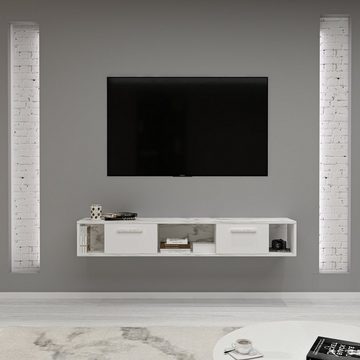 moebel17 TV-Regal TV Lowboard Aldora Weiß Marmor Optik 9581, modernes TV Lowboard in Weiß