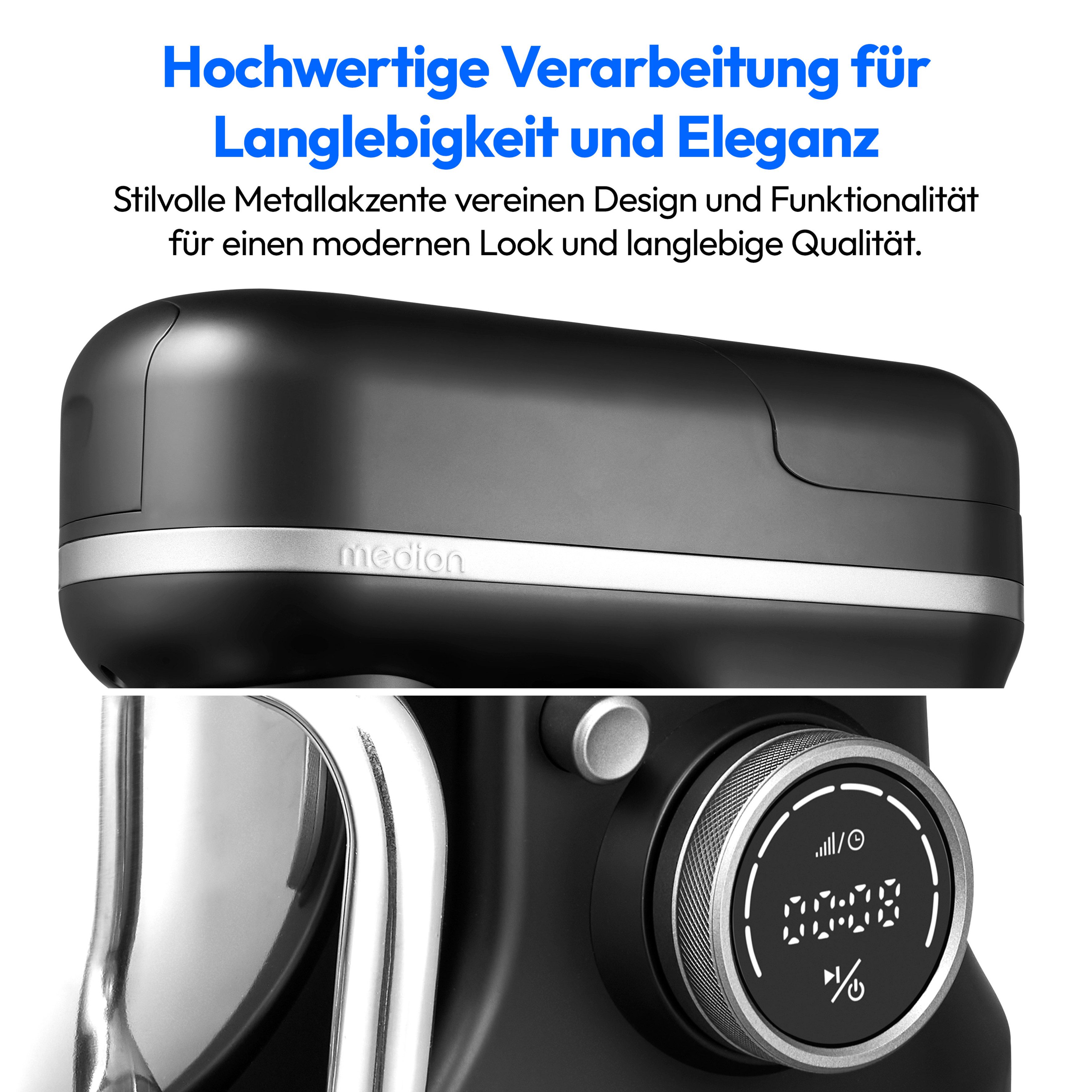 Medion® Küchenmaschine MD 18442 8 Geschwindigkeitsstufen, schwarz, 1200 W, 5 l Schüssel, Umfangreiches Zubehör-Set inkl. Eisschüssel für Speiseeiszubereitung – Bild 5 von 5
