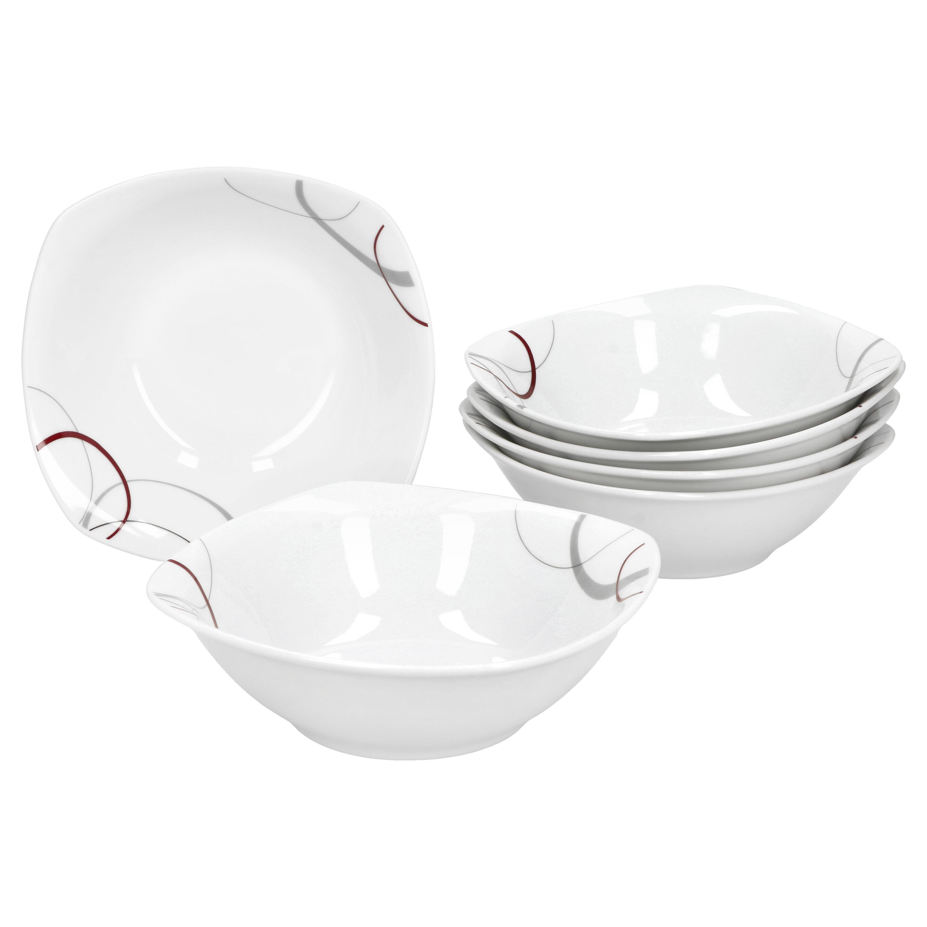 van Well Müslischale 6er Set Müslischale Palazzo 14,2cm - Porzellan Kreise in grau und rot, Porzellan