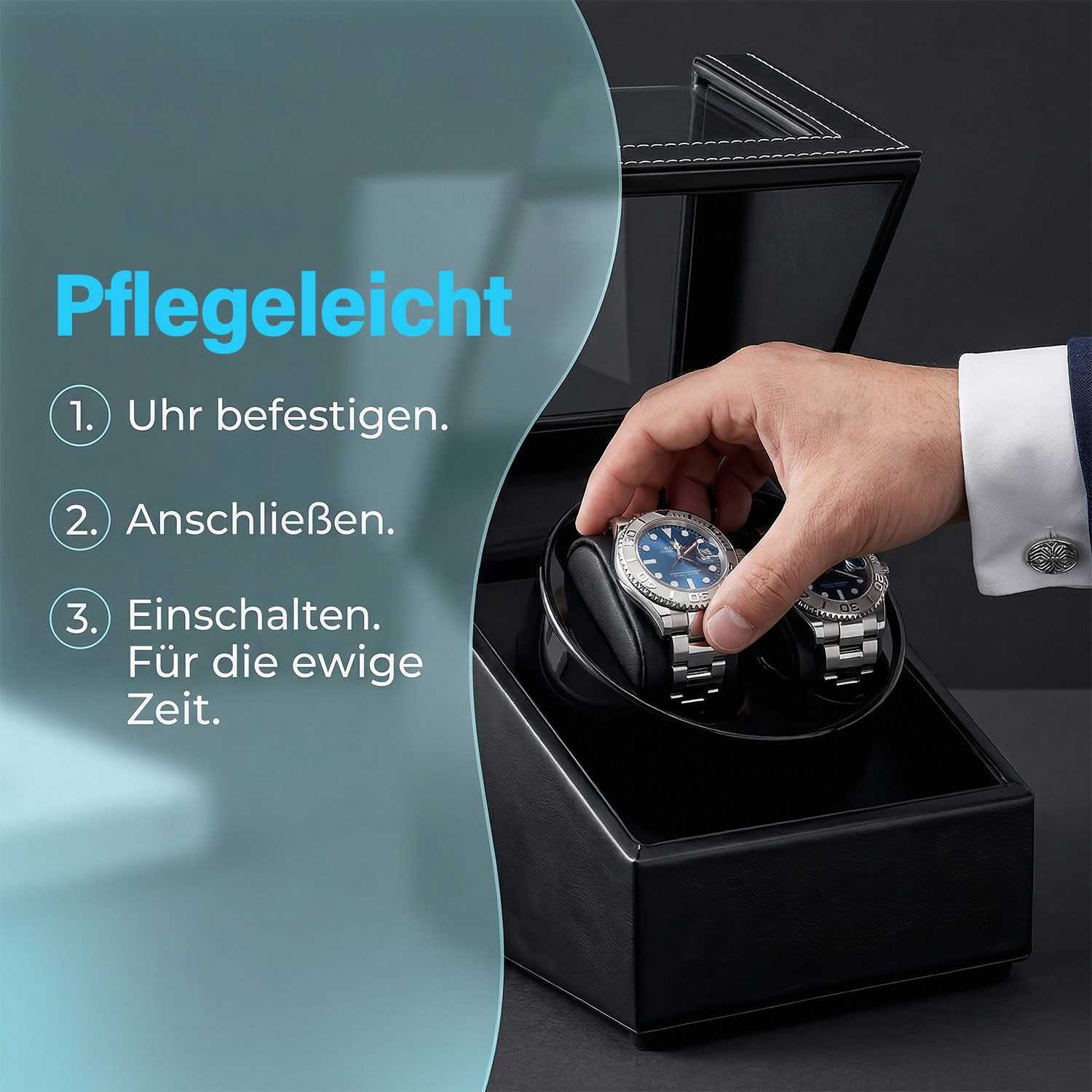 AKKEE Uhrenbeweger 2 Uhren Automatik Uhrenbeweger Box, Leiser Motor, Uhrenboxen, Uhrenkasten Uhrenbeweger 2 Uhr, USB-Ladekabel – Bild 5 von 5