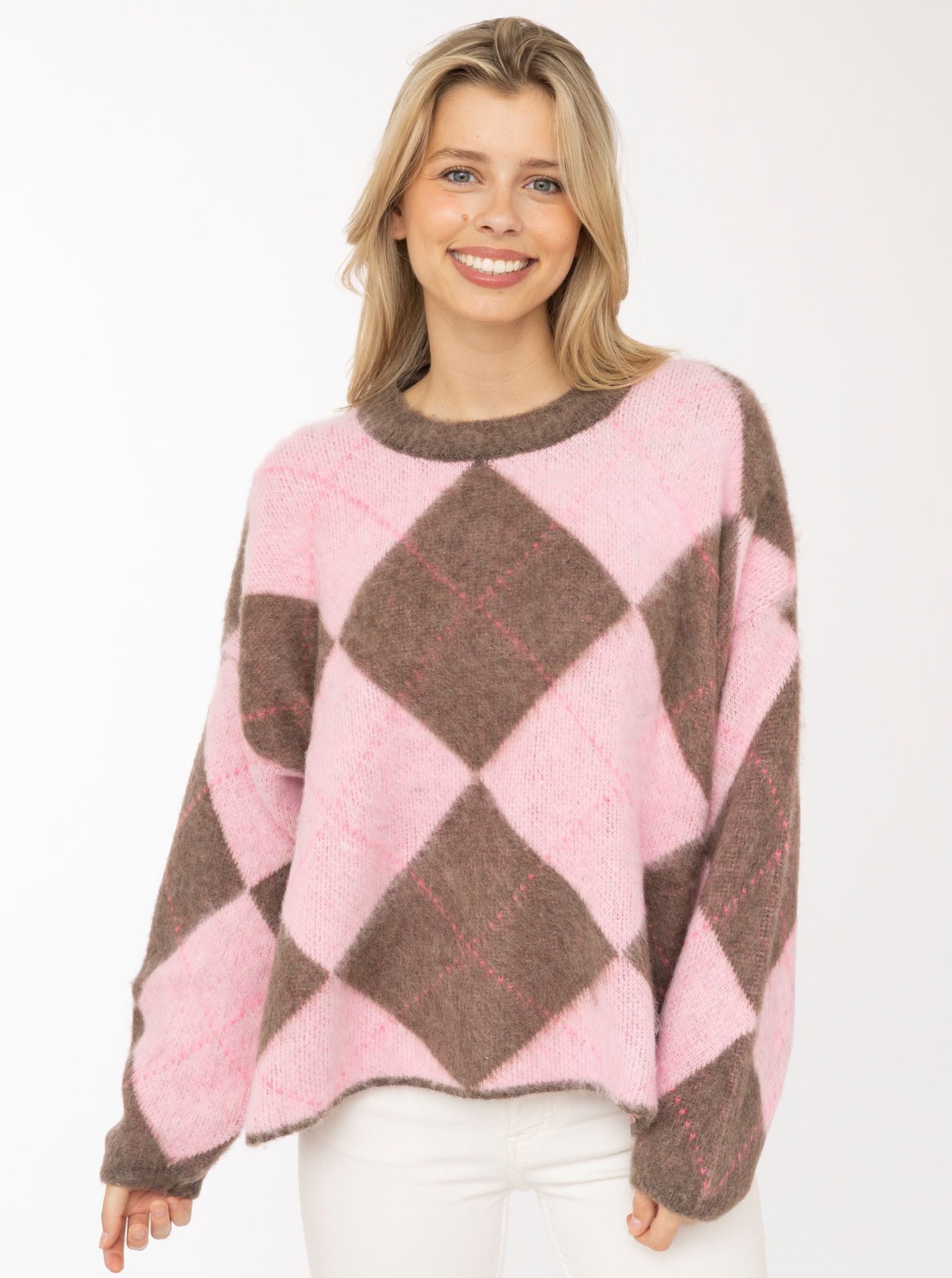 Zwillingsherz Strickpullover "Soft Argyle" Rundhals, angesagtes großes Rautenmuster, farbenfroh, One Size