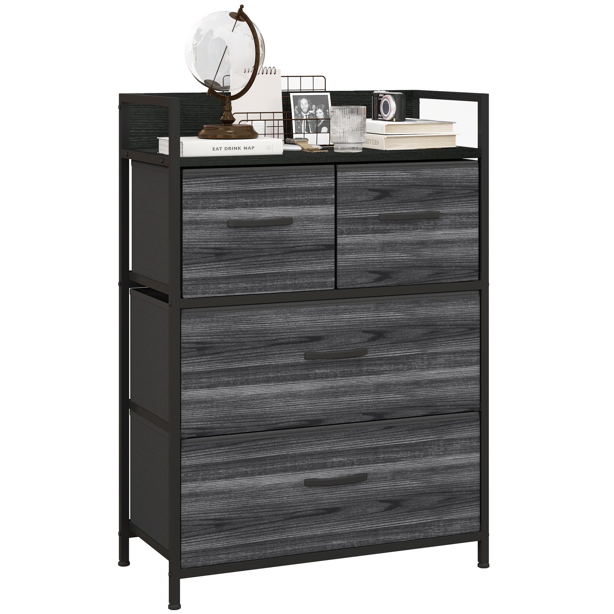 HOMCOM Kommode mit 4 Faltbaren Schubladen aus Stoff, Regal und Griff (Aufbewahrungsschrank, 1 St., Sideboard), für Wohnzimmer, Schwarz