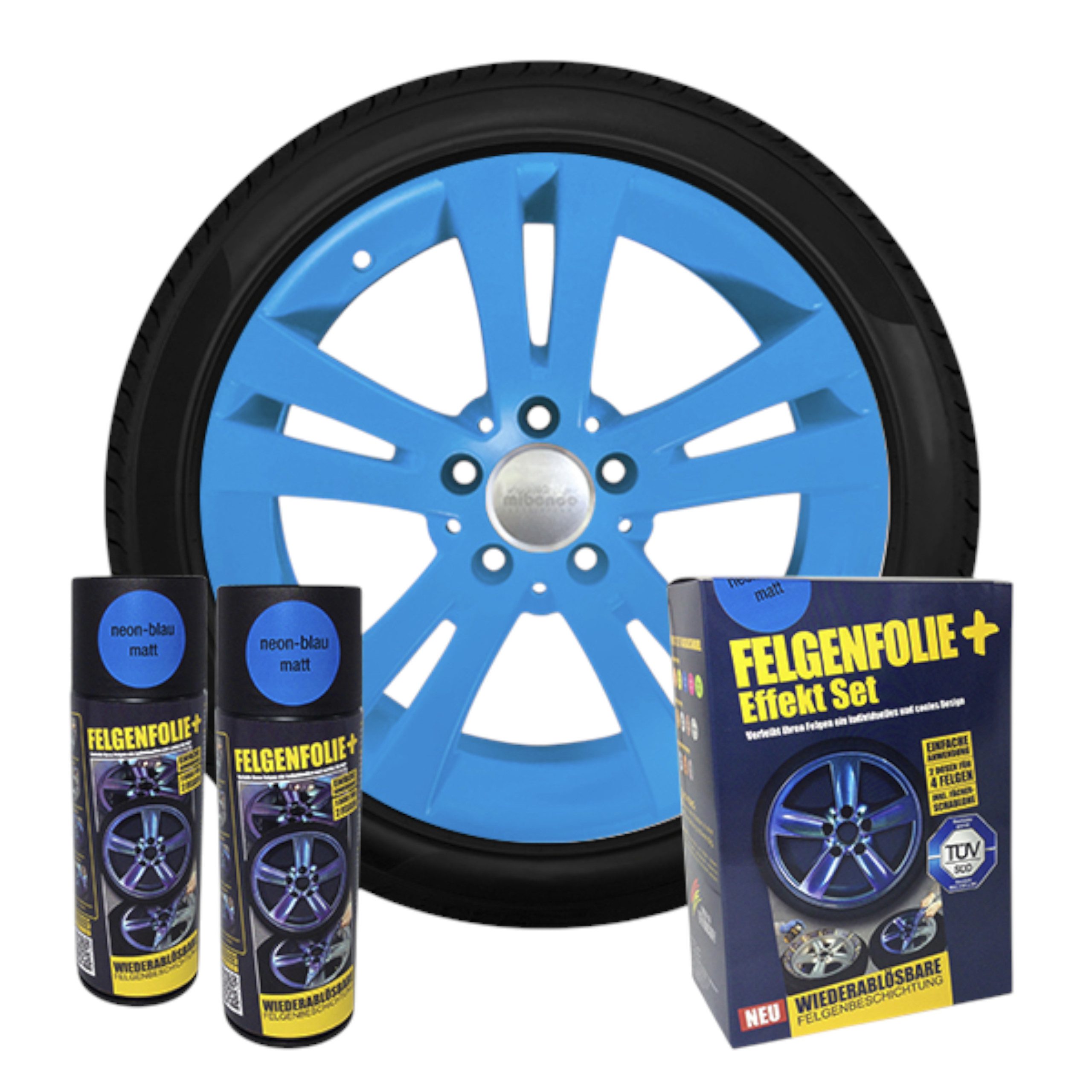 mibenco Felgenaufkleber Felgenfolie + Effekt Set 2×400 ml Neonblau – Sprühfolie für Felgen
