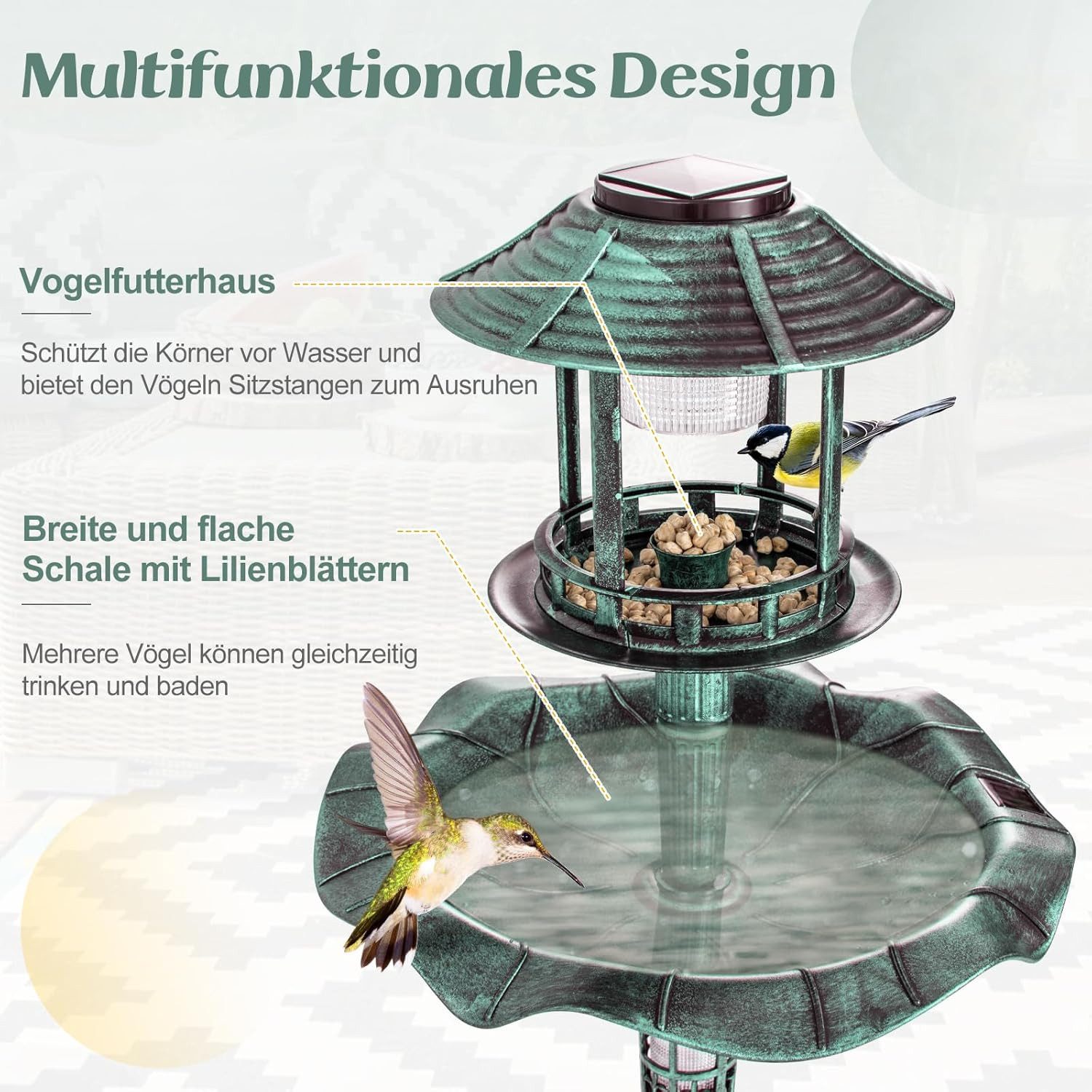 KOMFOTTEU Vogeltränke Vogelbad Vogelfutterhaus, mit Blumentopf & Solar Leuchten – Bild 4 von 5
