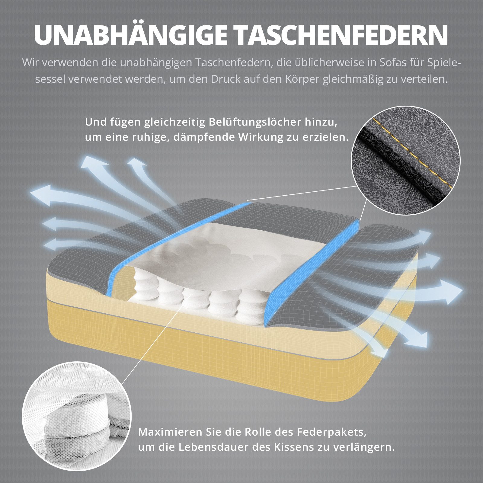Dowinx Gaming-Stuhl mit Frühling Kissen,Racing Gamer Stuhl mit Massage Lendenwirbelstütze (Packung), Ergonomischer Gaming Sessel mit Fußstütze Bürostuhl PU Lede – Bild 5 von 5