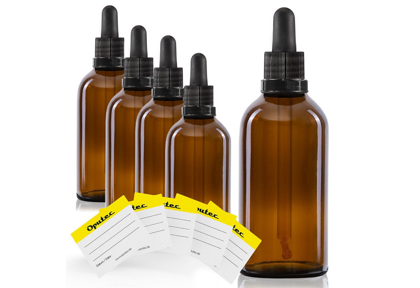 Oputec Pipettenflasche 5 x 100ml Pipettenflasche Braunglas mit Glaspipette + 5 Etiketten (Sparset, 5x 100ml)