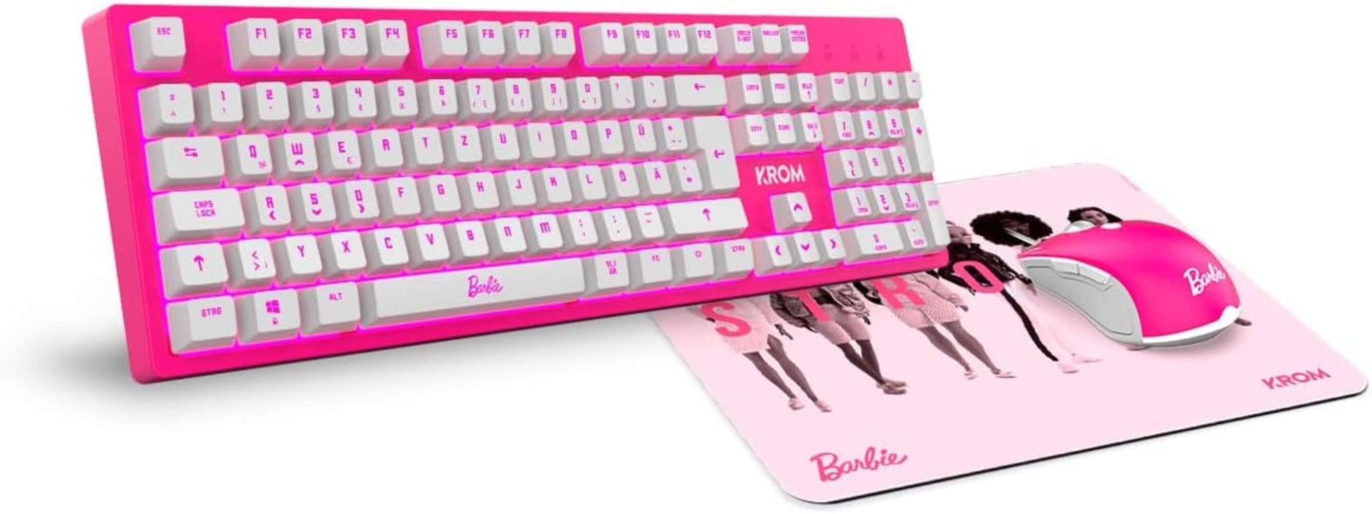 KROM Mausunterlage Barbie Edition KANDY - Französisch Layout Tastatur- und Maus-Set, Mit LED-Membrantastatur Maus optischem Sensor 6400 DPI Mause-Matte