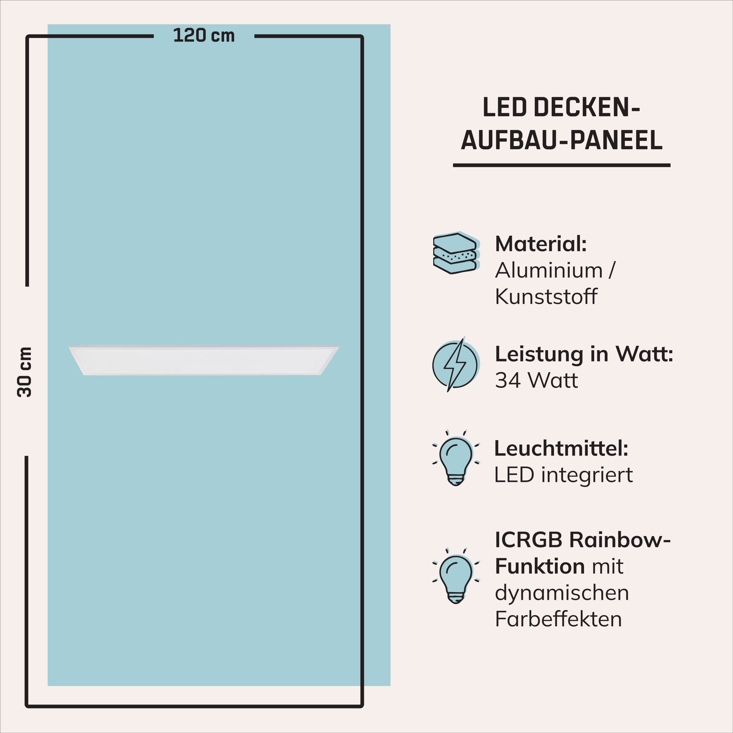 Lightbox LED Panel, CCT - über Fernbedienung, LED fest integriert, warmweiß - kaltweiß, LED Aufbaupaneel, 120 x 30 cm, 3700 lm, 3000-6500 K, IC RGB, dimmbar