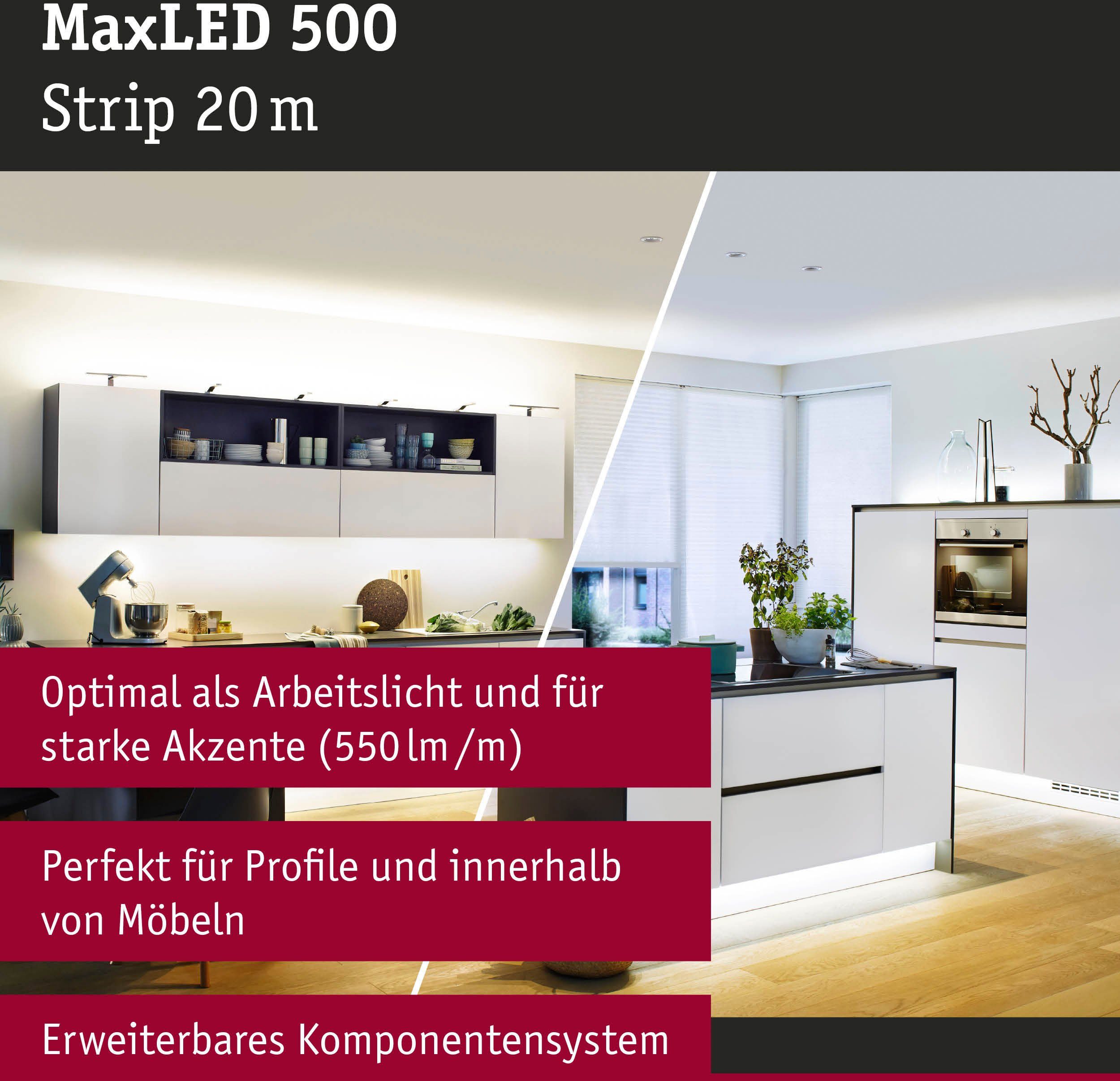Paulmann LED-Streifen MaxLED500 Einzelstripe, Adapterkabel Tunable 550lm/m Tunable 550lm/m, 72W White 20m 1-flammig, White 72W