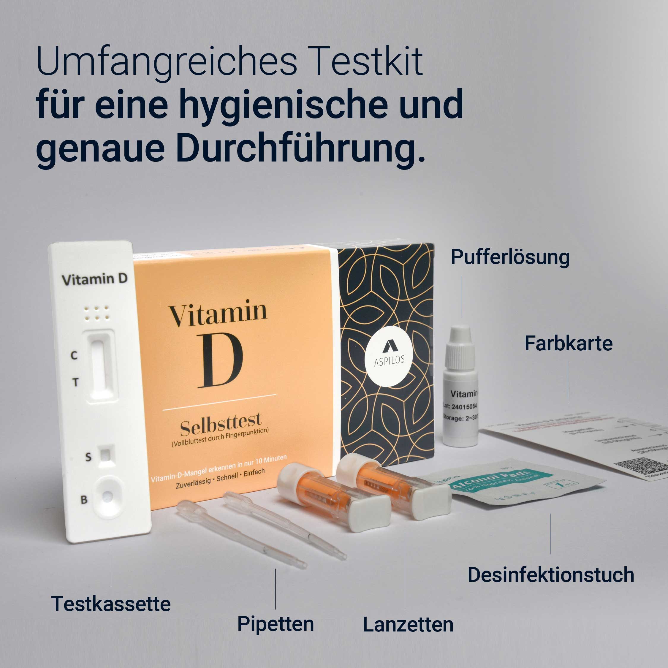 ASPILOS Hämoglobin-Schnelltest Vitamin D Mangel Selbsttest für Zuhause in 10 Minuten, Bluttest, selbst durchführbar, 25-Hydroxy-Vitamin D, 1-tlg., Schnelltest bei Müdigkeit & Erschöpfung, medizinischer Test