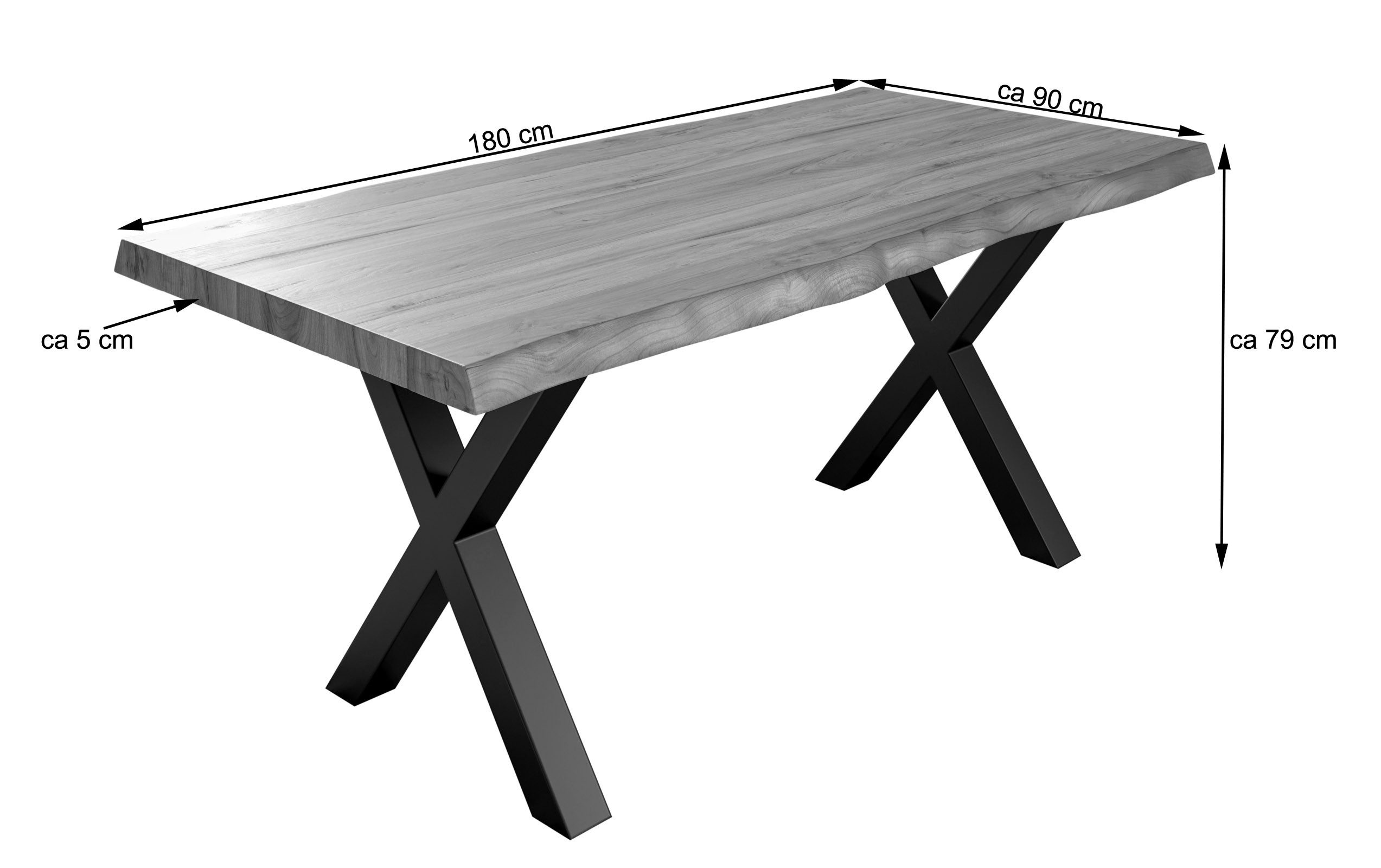 SAM® Baumkantentisch Larne, massives Akazienholz mit Baumkante und X-Gestell aus Metall