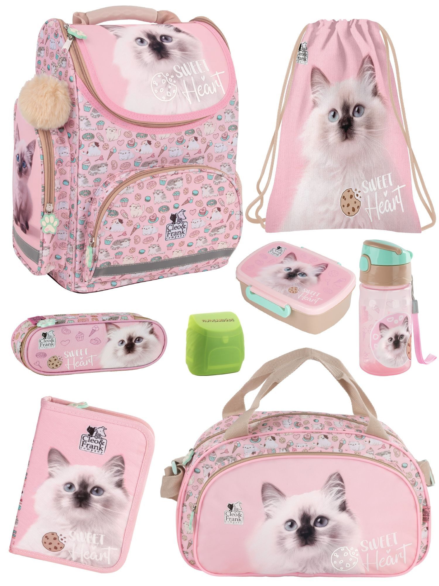 Familando Schulranzen Sweet Kitty Katze Schultasche, rosa, für Mädchen 1. bis 4. Klasse (Set, 8-tlg., inkl. Federmappe, Lunch-Set und Sporttasche), ergonomisch, 1.010 Gramm leicht, 18L Volumen