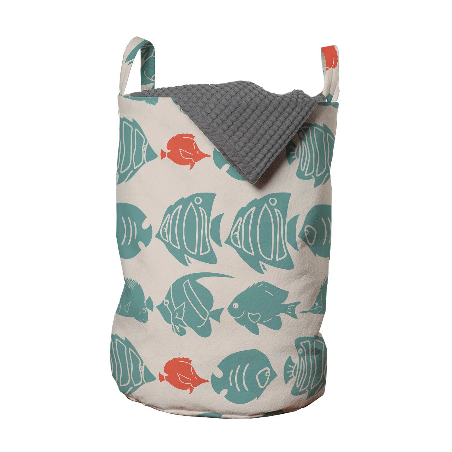 Abakuhaus Wäschesäckchen Wäschekorb mit Griffen Kordelzugverschluss für Waschsalons, Nautisch Bilder Blaue und rote Fische
