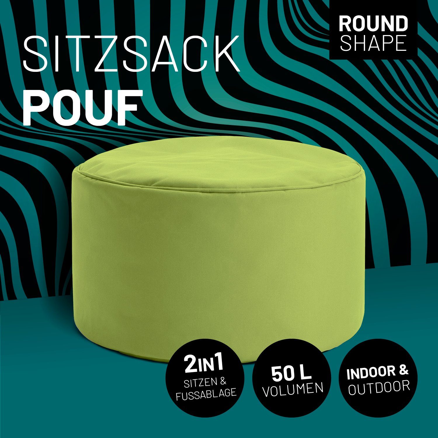 Hocker, & 50L Jahre Fußsack & Outdoor, in- Pouf kompakt Garantie 5 Lumaland Sitzsack 25x45cm grün Tisch,