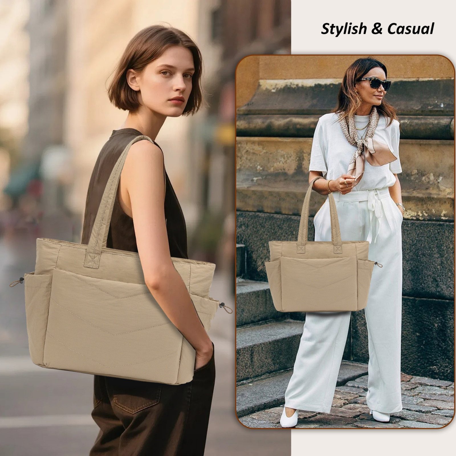 TAN.TOMI Umhängetasche Handtasche gesteppte Tragetasche Messenger Laptop Tasche, Mit Laptopfach und Reißverschluss für Schule Arbeit Reisen