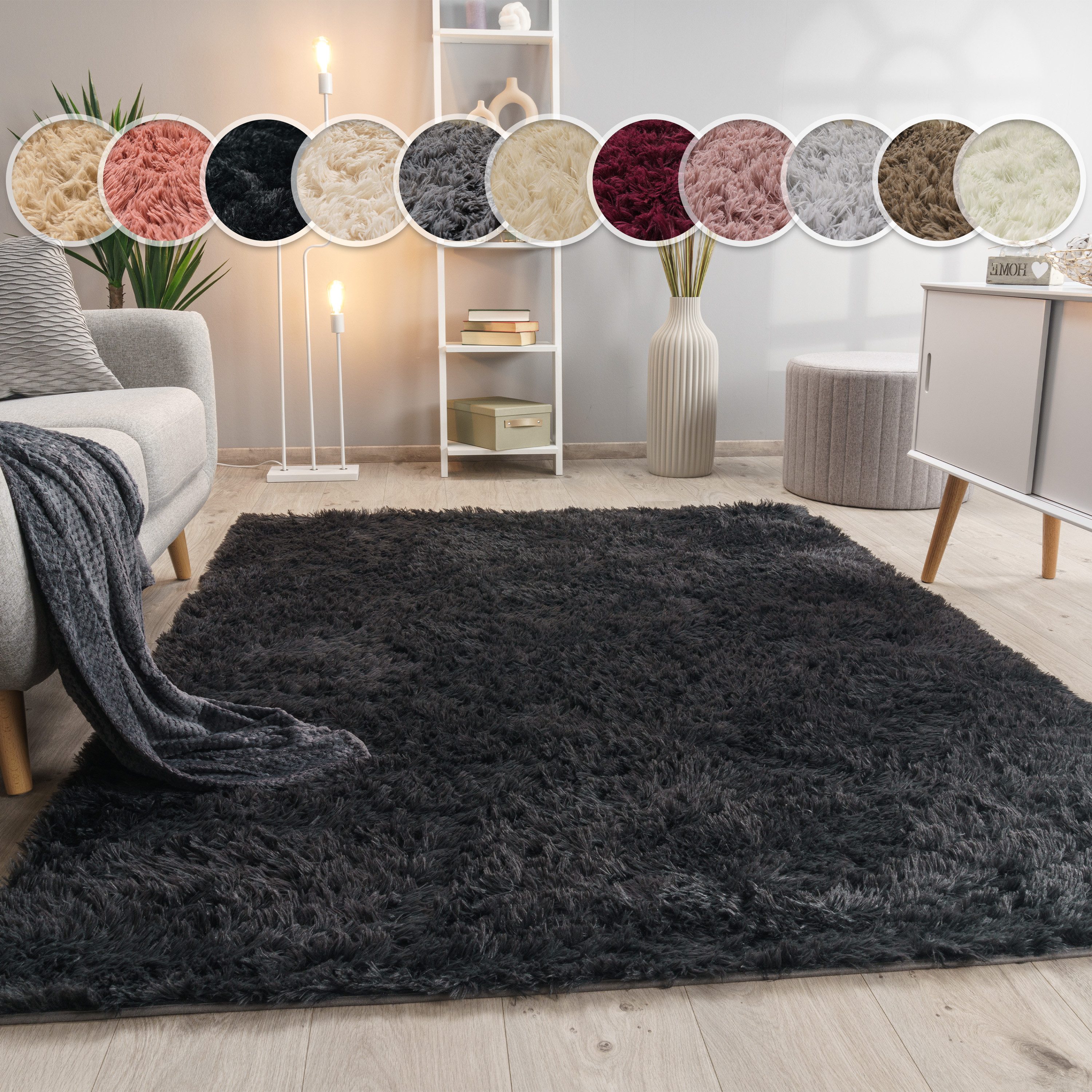 Paco Home Hochflor-Teppich Silky 591, rechteckig, Höhe: 37 mm, Uni-Farben, besonders weich und kuschelig, Wohnzimmer