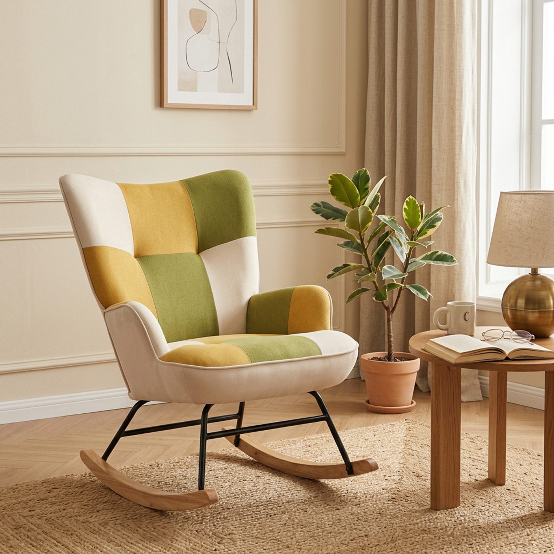 HomeMiYN Schaukelstuhl HOMEMiYN Schaukelstuhl Wohnzimmer mit Metallgestell und Holzsockel, Aus holz