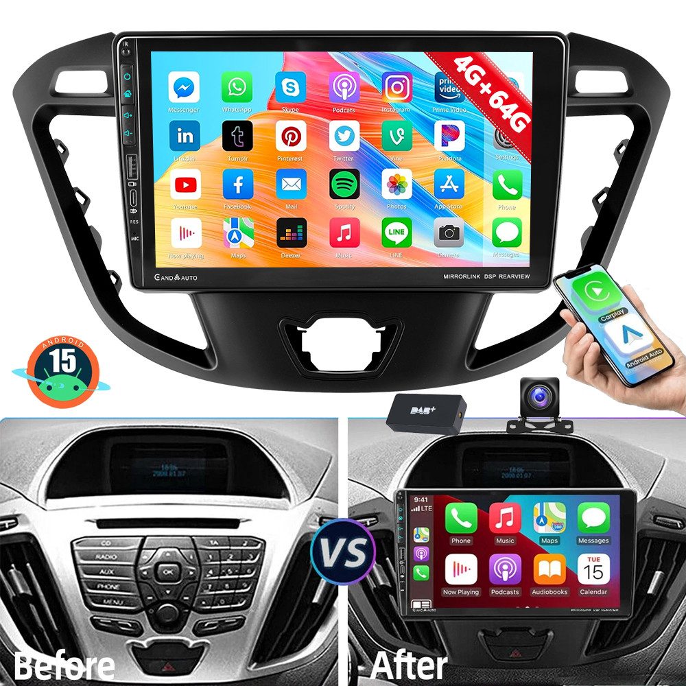 ESSGOO 64G DAB+ Android 15 Carplay Für Ford Transit Custom 2013-2021 GPS WIFI Autoradio (RDS, 4+64GB(optional), Digitalradio (DAB), FM, AM, Carplay Android Auto Bluetooth EQ USB GPS Navi WIFI Touchscreen)