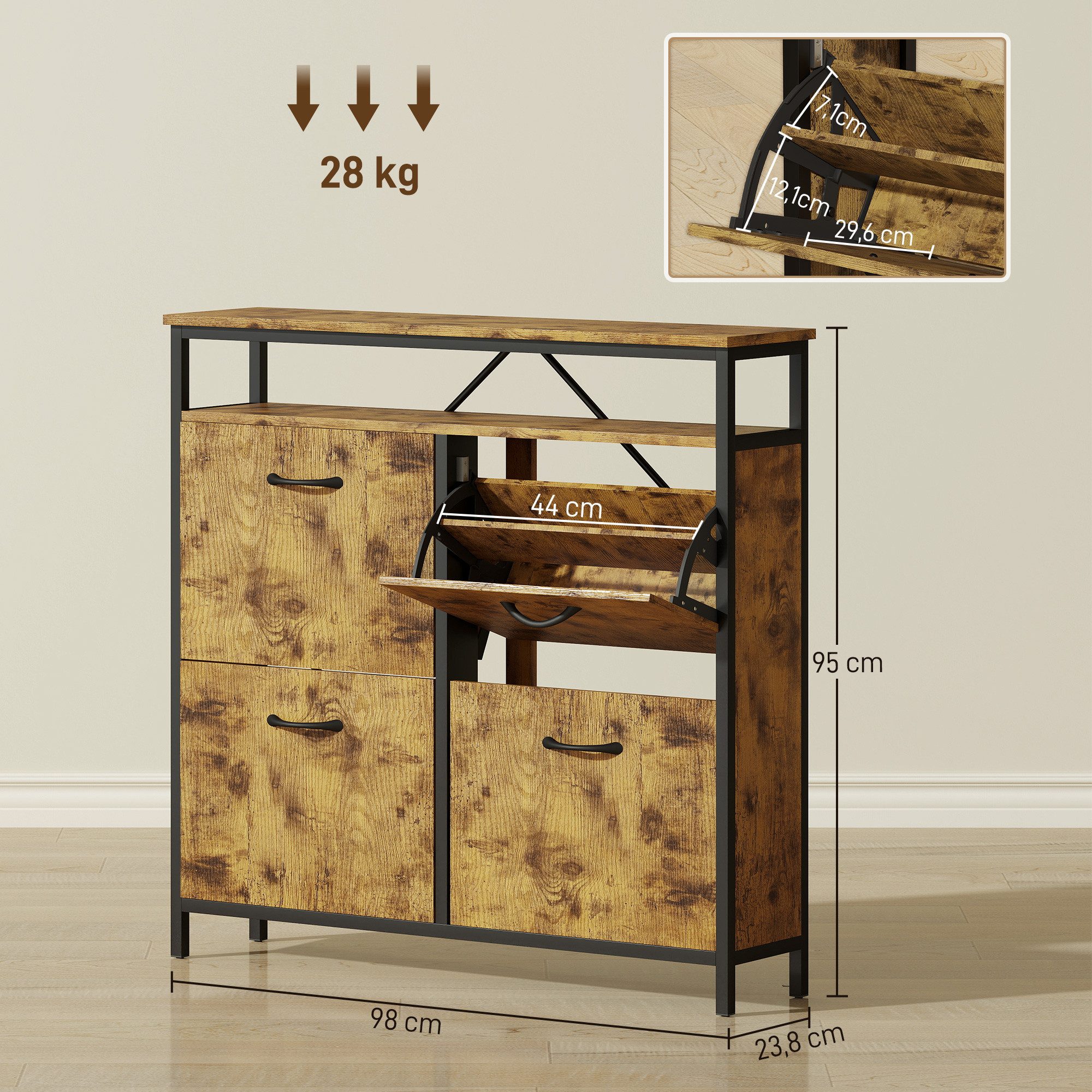 HOMCOM Schuhkipper mit 4 Klappen, verstellbar Trennwand, offenem Fach (schmal Schuhschrank, 1 St., Schuhregal für 12-20 Paar Schuhe), für Flur, Eingang 98x24x95cm Rustikal Braun