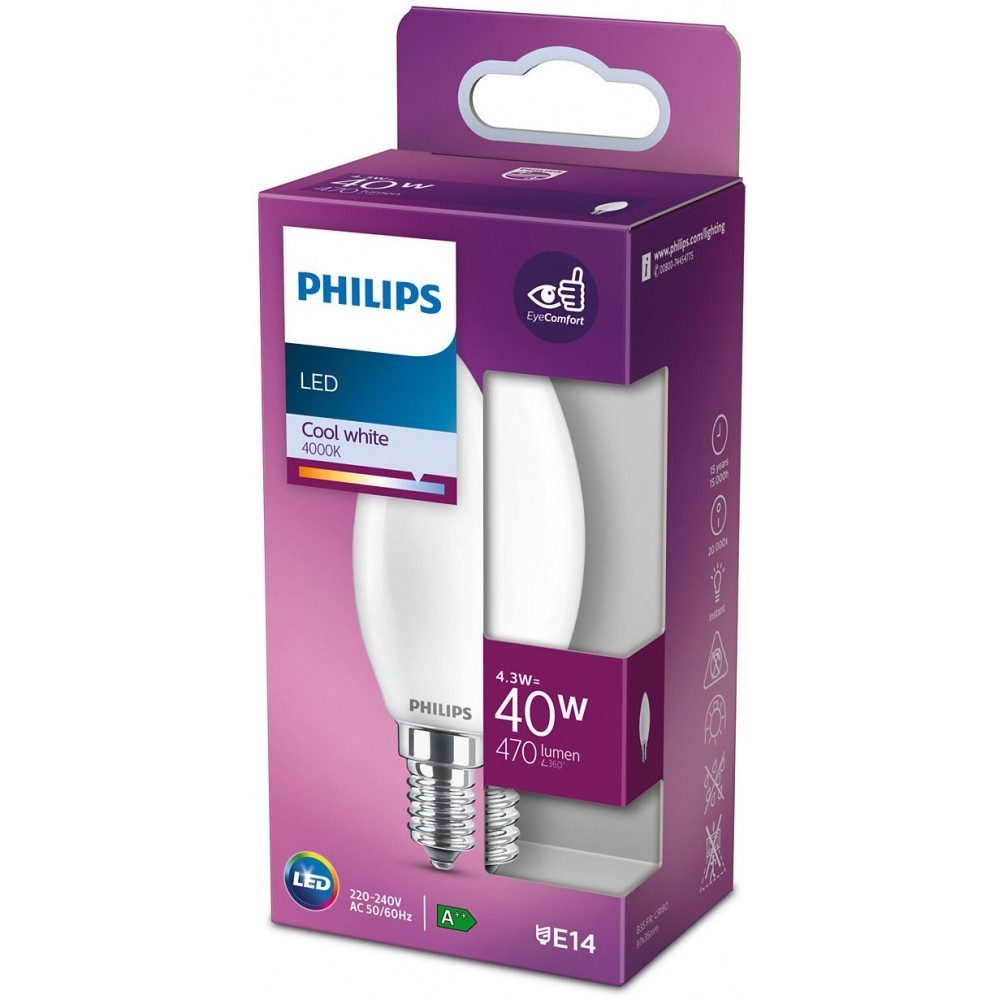 Philips LED-Leuchtmittel Philips LEDClassic 40W E14 CW B35 FR ND RF LED-Kerze, Sockel E14, kaltweiß