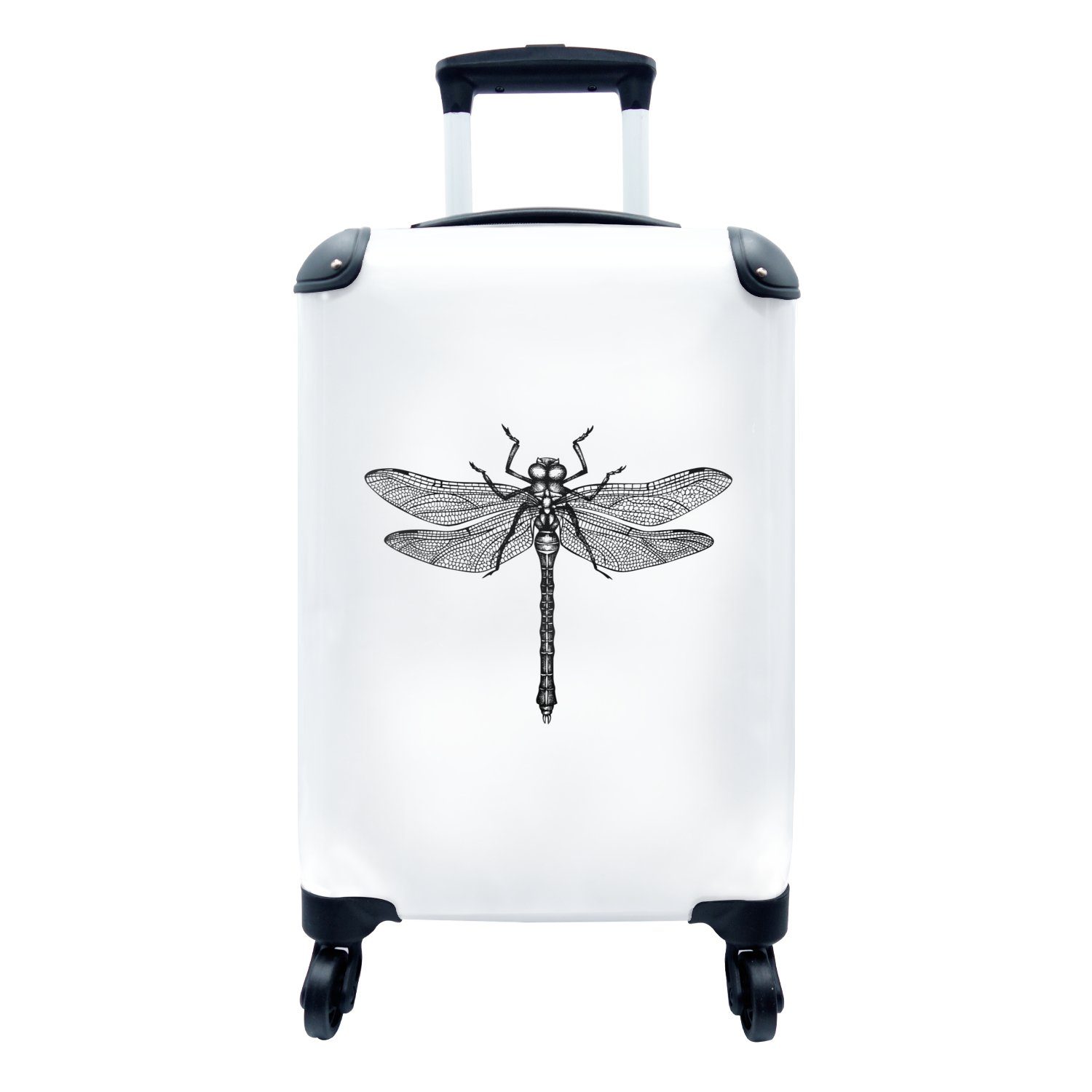 MuchoWow Handgepäckkoffer Libelle - Insekten - Retro - Schwarz und weiß, 4 Rollen, Reisetasche mit rollen, Handgepäck für Ferien, Trolley, Reisekoffer