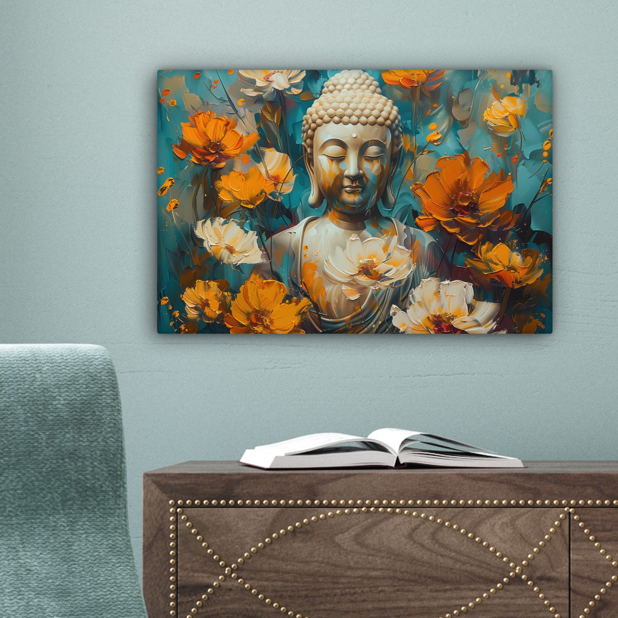 OneMillionCanvasses® Leinwandbild Buddha - Blume - Farbenfroh - Modern, Fotodruck (1 St), Leinwand Canvas Wandbild, Wanddekoration 20x30 cm – Bild 3 von 5