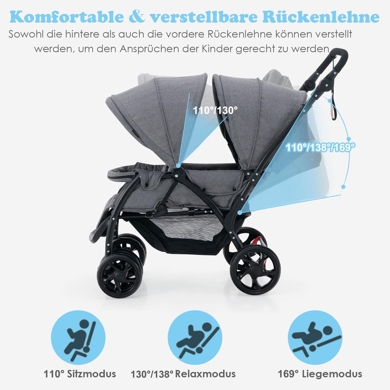 COSTWAY Geschwisterwagen Zwillingsbuggy, mit 5-Punkt Gurt & Einkaufskorb