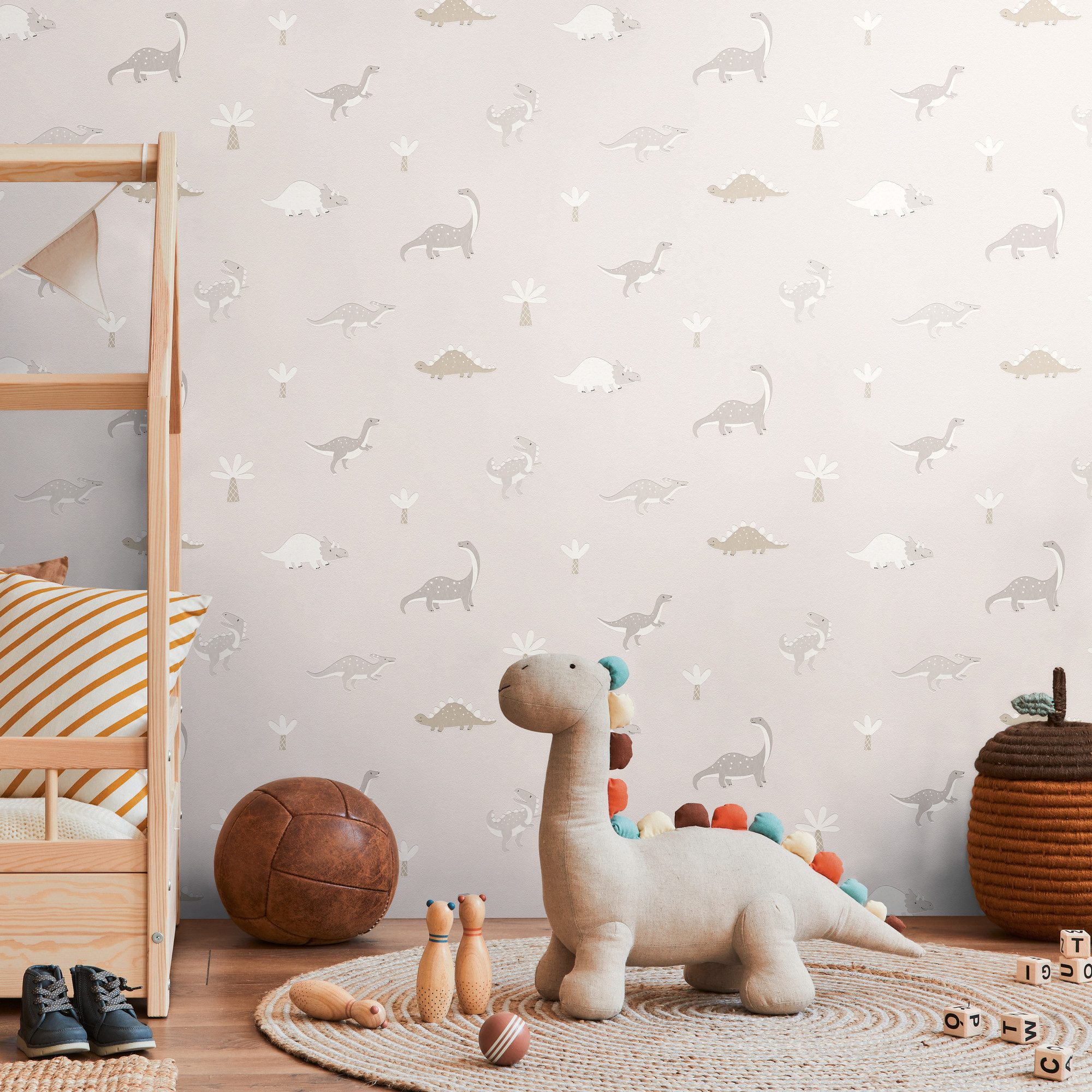living walls Vliestapete Kids Studio Dinosaurier – Vliestapete für Kinder, glatt, naturalistisch, grafisch, Motiv, Freundliche Dinosaurier und Palmen im modernen Scandi-Look