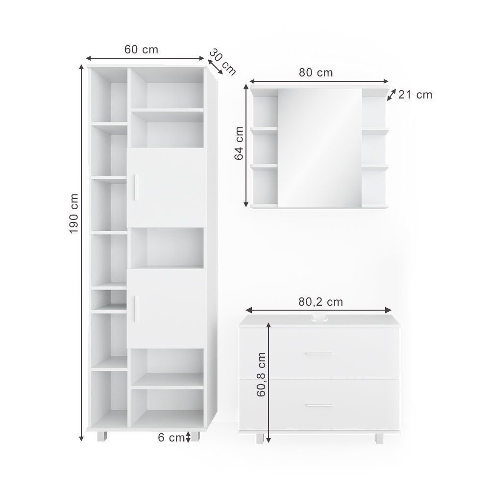 Vicco Badmöbel-Set Ilias, Weiß, 3 Teile, mit Hochschrank, (3-St., 3er Set)