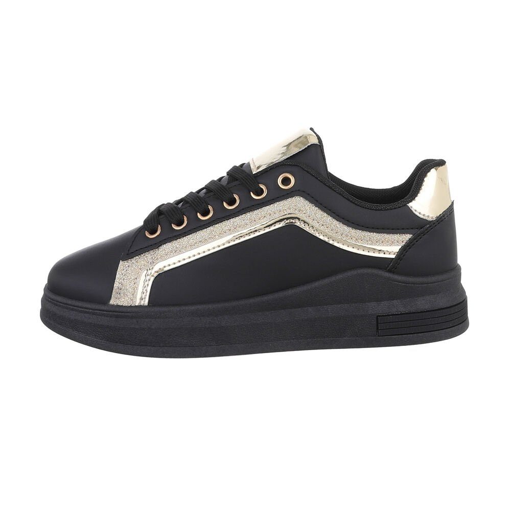 Ital-Design Damen Low-Top Freizeit Sneaker Flach Sneakers Low in Schwarz Schwarz, Gold